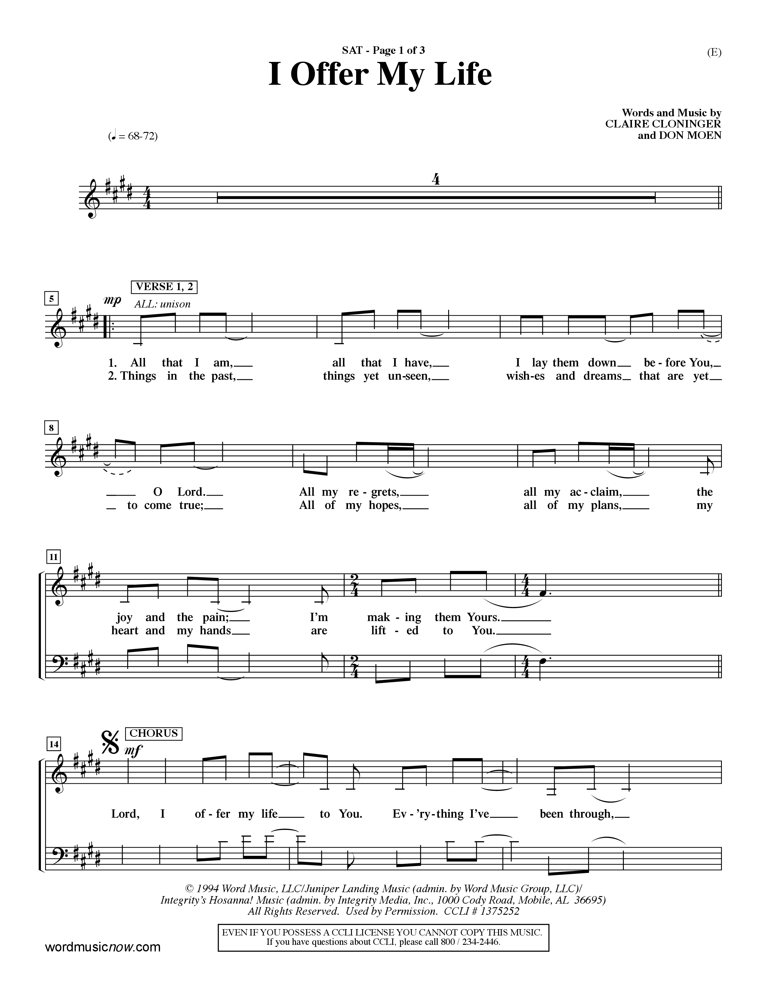 I Offer My Life (Choral Anthem SATB) Lead Sheet (SAT) (Word Music Choral / Orch. Dave Williamson)