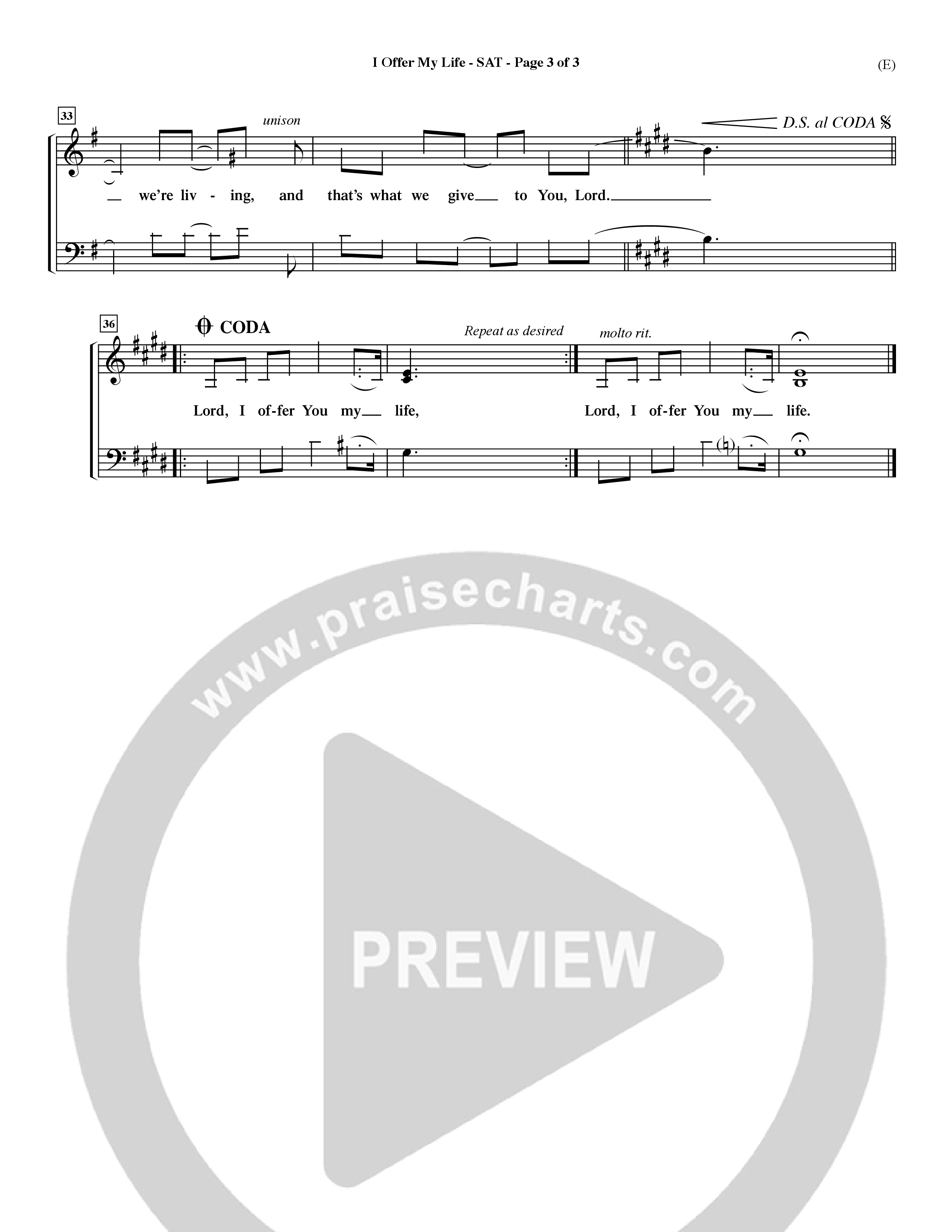 I Offer My Life (Choral Anthem SATB) Lead Sheet (SAT) (Word Music Choral / Orch. Dave Williamson)