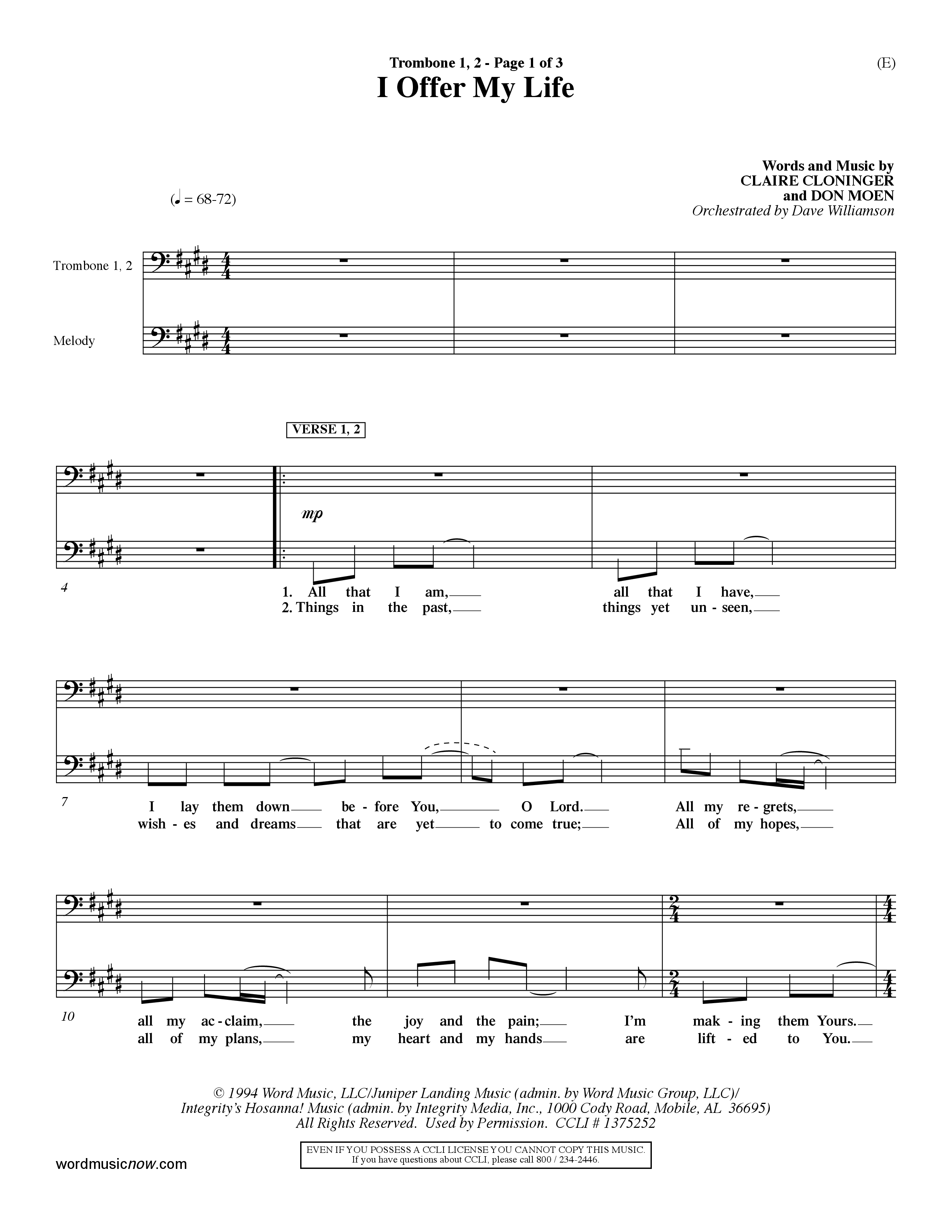 I Offer My Life (Choral Anthem SATB) Trombone 1/2 (Word Music Choral / Orch. Dave Williamson)