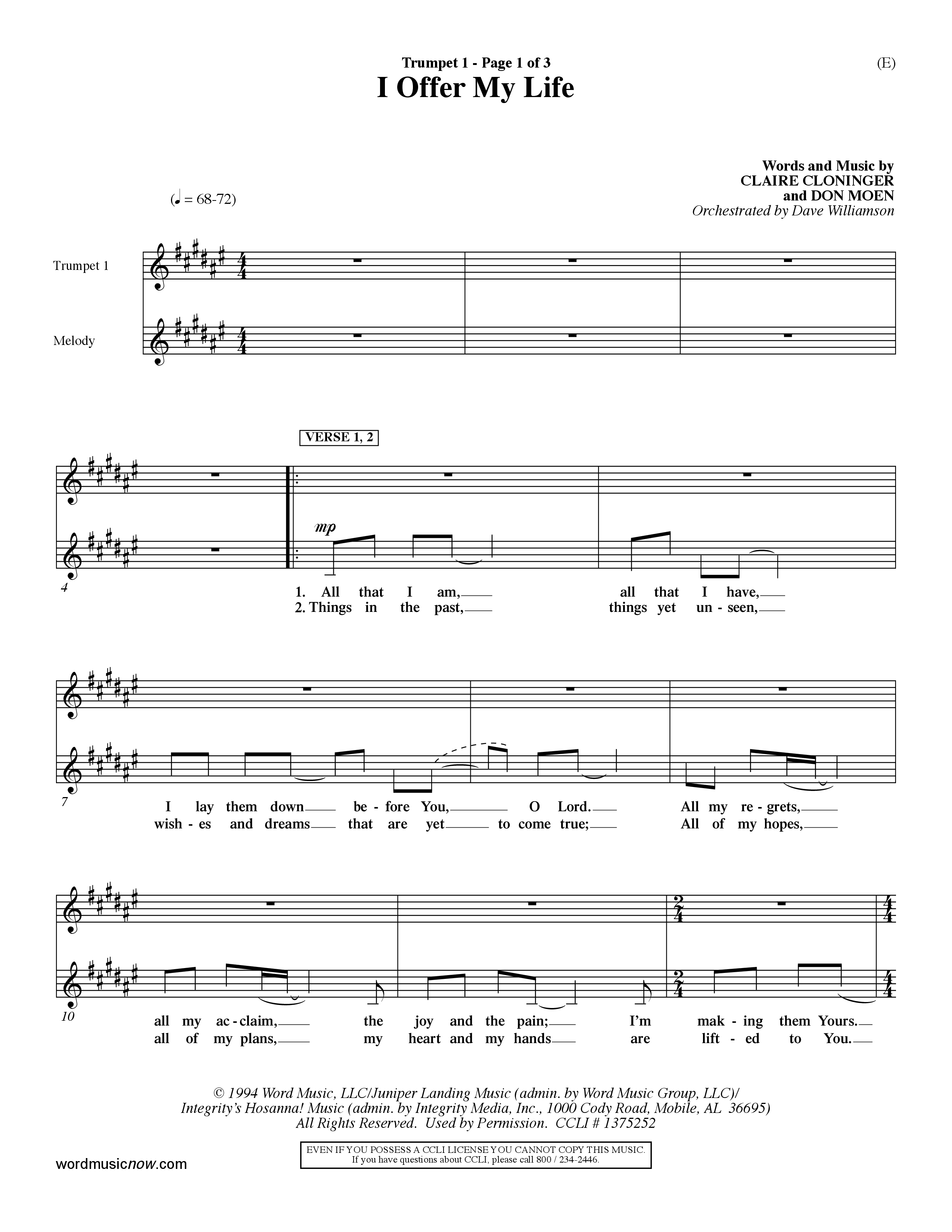 I Offer My Life (Choral Anthem SATB) Trumpet 1 (Word Music Choral / Orch. Dave Williamson)