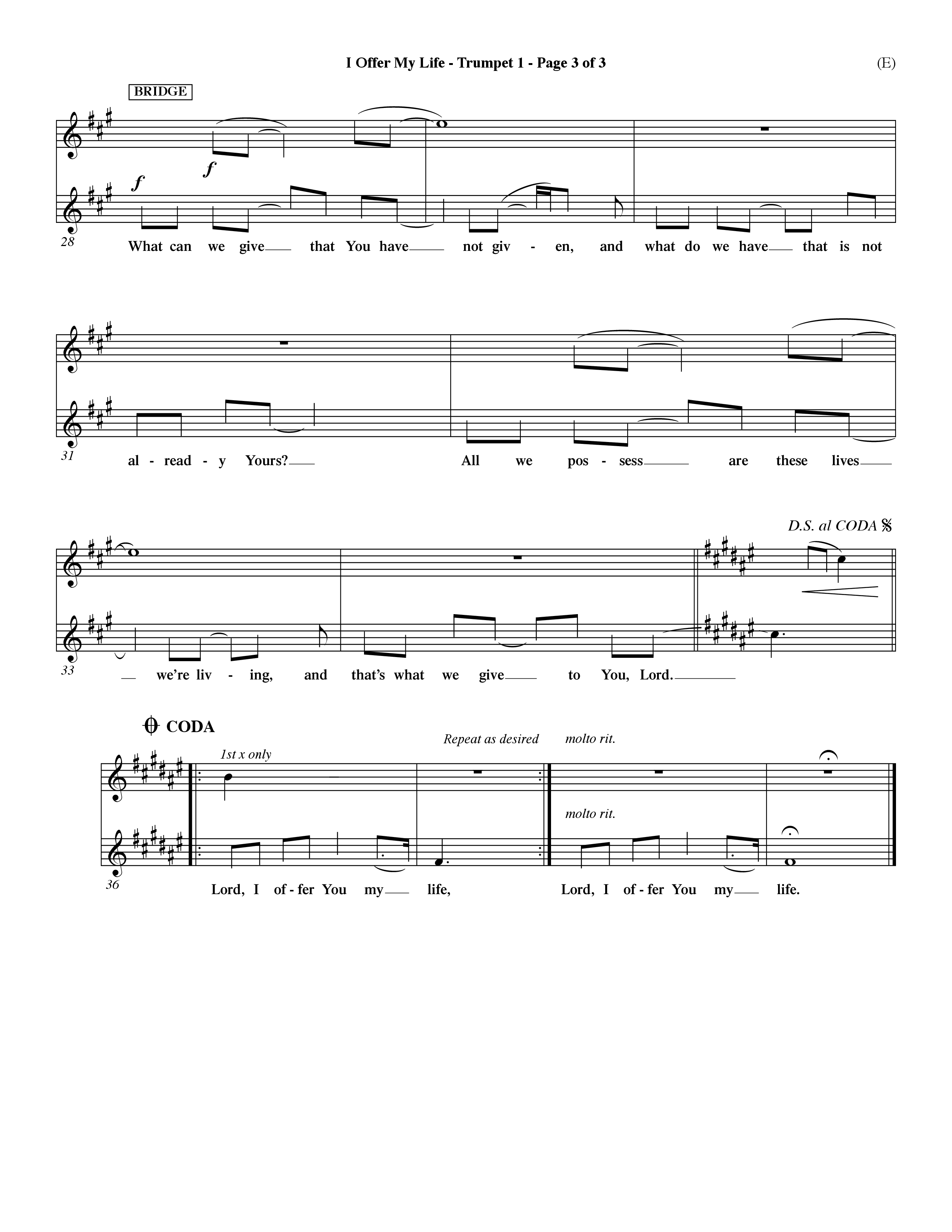 I Offer My Life (Choral Anthem SATB) Trumpet 1 (Word Music Choral / Orch. Dave Williamson)