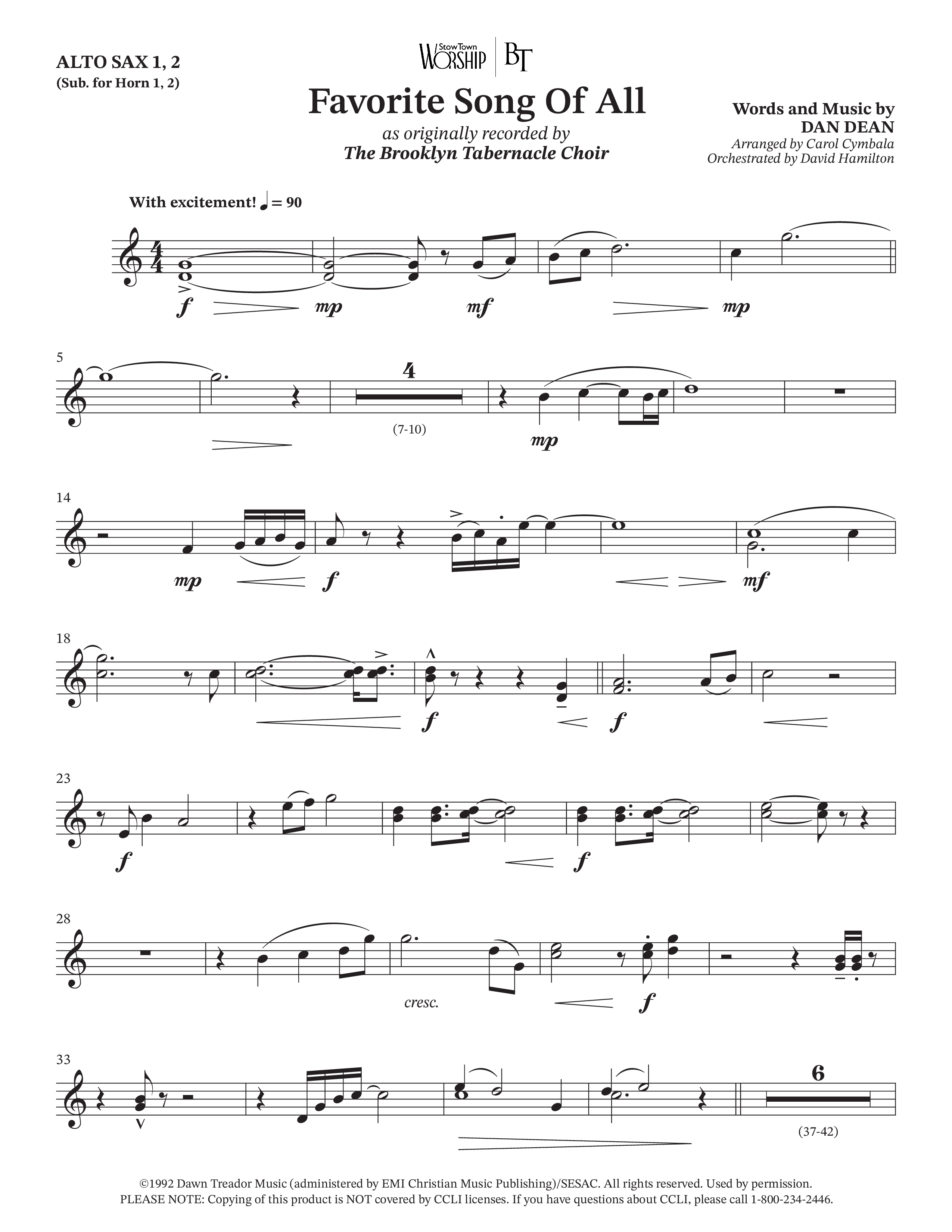 Favorite Song Of All (Choral Anthem SATB) Alto Sax 1/2 (The Brooklyn Tabernacle Choir / Arr. Carol Cymbala / Orch. David Hamilton)