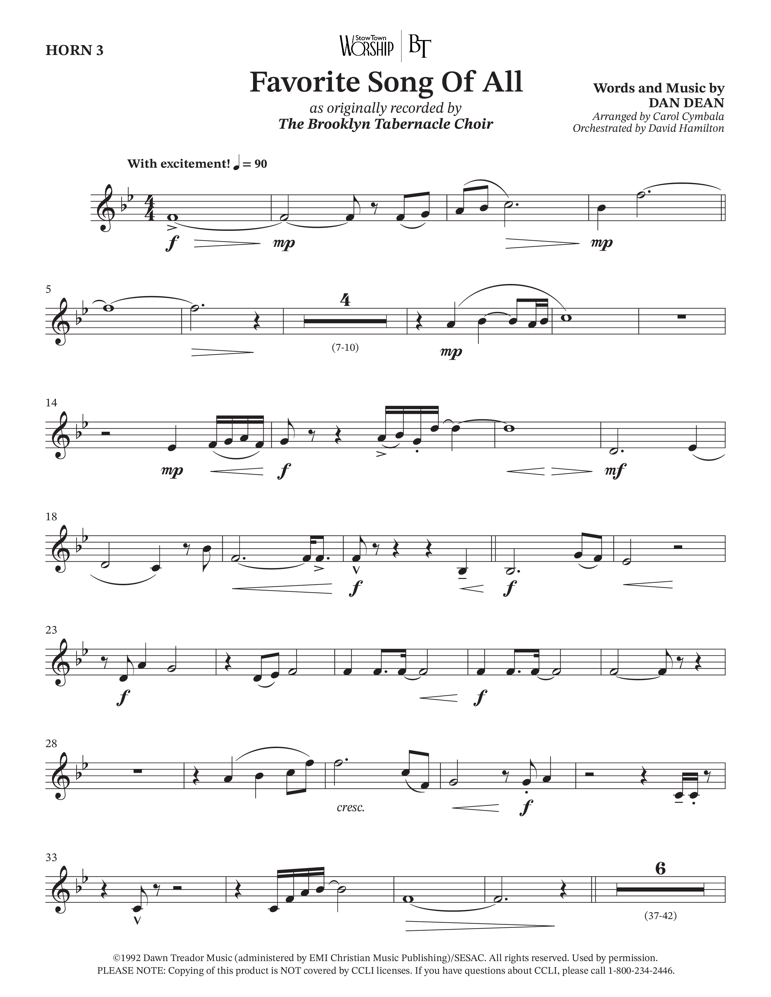 Favorite Song Of All (Choral Anthem SATB) French Horn 3 (The Brooklyn Tabernacle Choir / Arr. Carol Cymbala / Orch. David Hamilton)