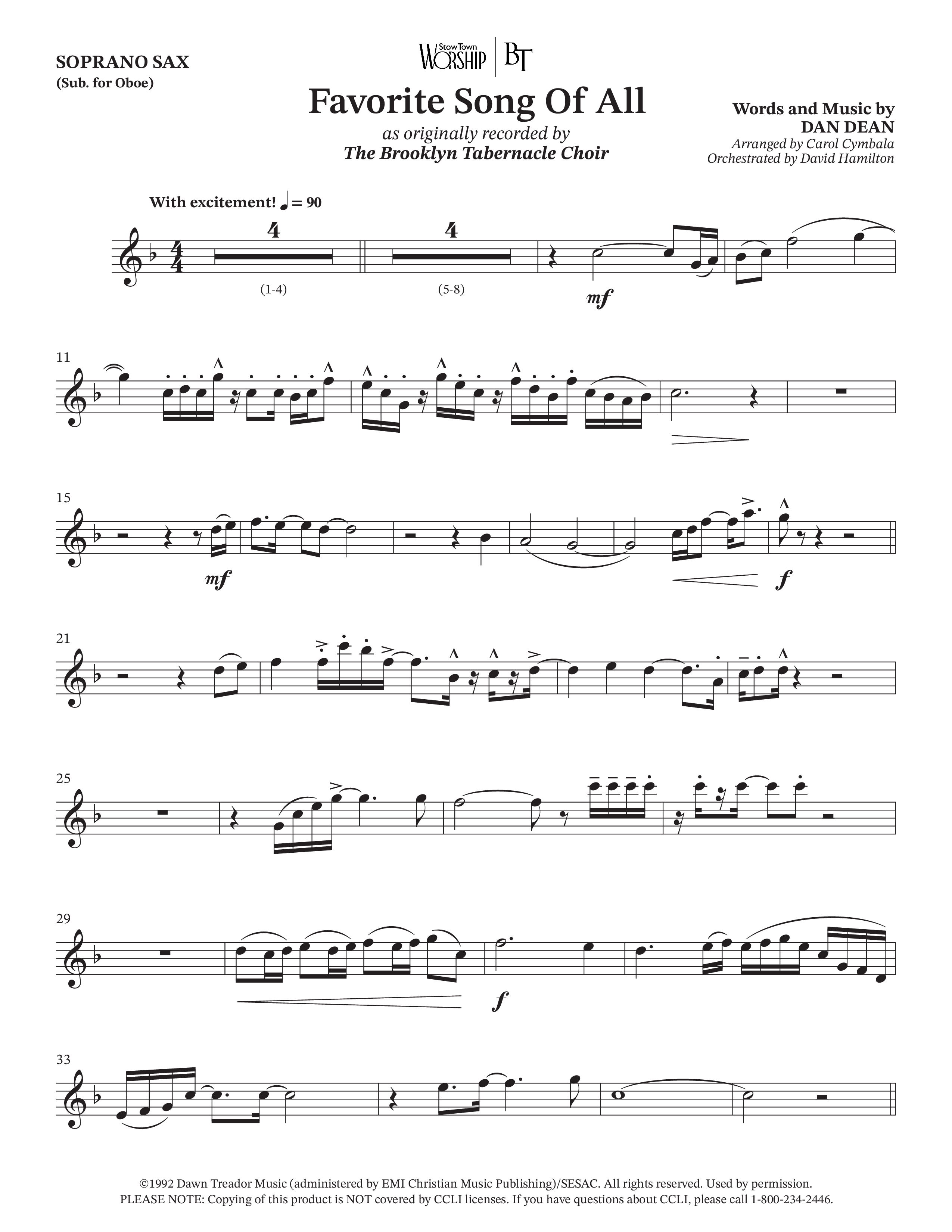 Favorite Song Of All (Choral Anthem SATB) Soprano Sax (The Brooklyn Tabernacle Choir / Arr. Carol Cymbala / Orch. David Hamilton)
