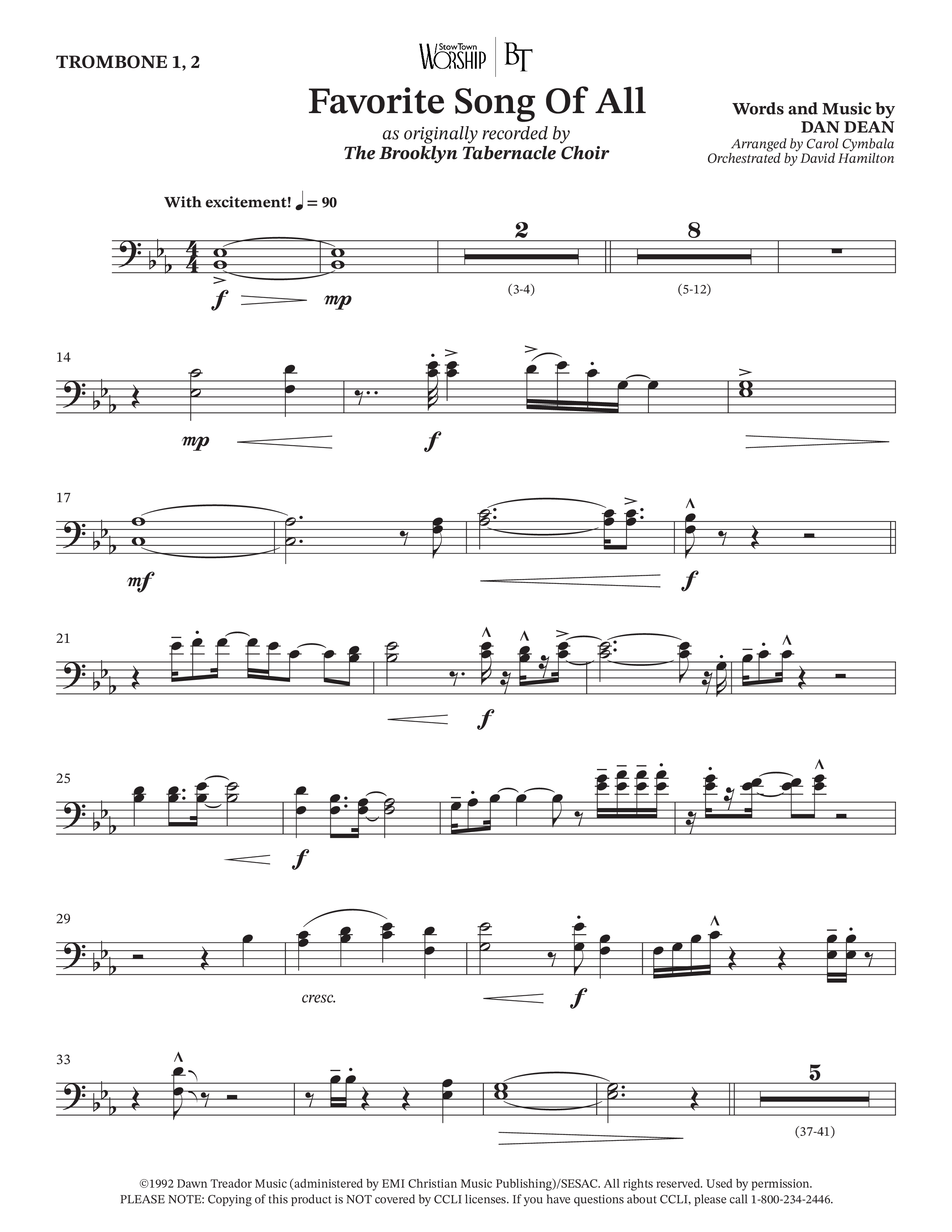 Favorite Song Of All (Choral Anthem SATB) Trombone 1/2 (The Brooklyn Tabernacle Choir / Arr. Carol Cymbala / Orch. David Hamilton)