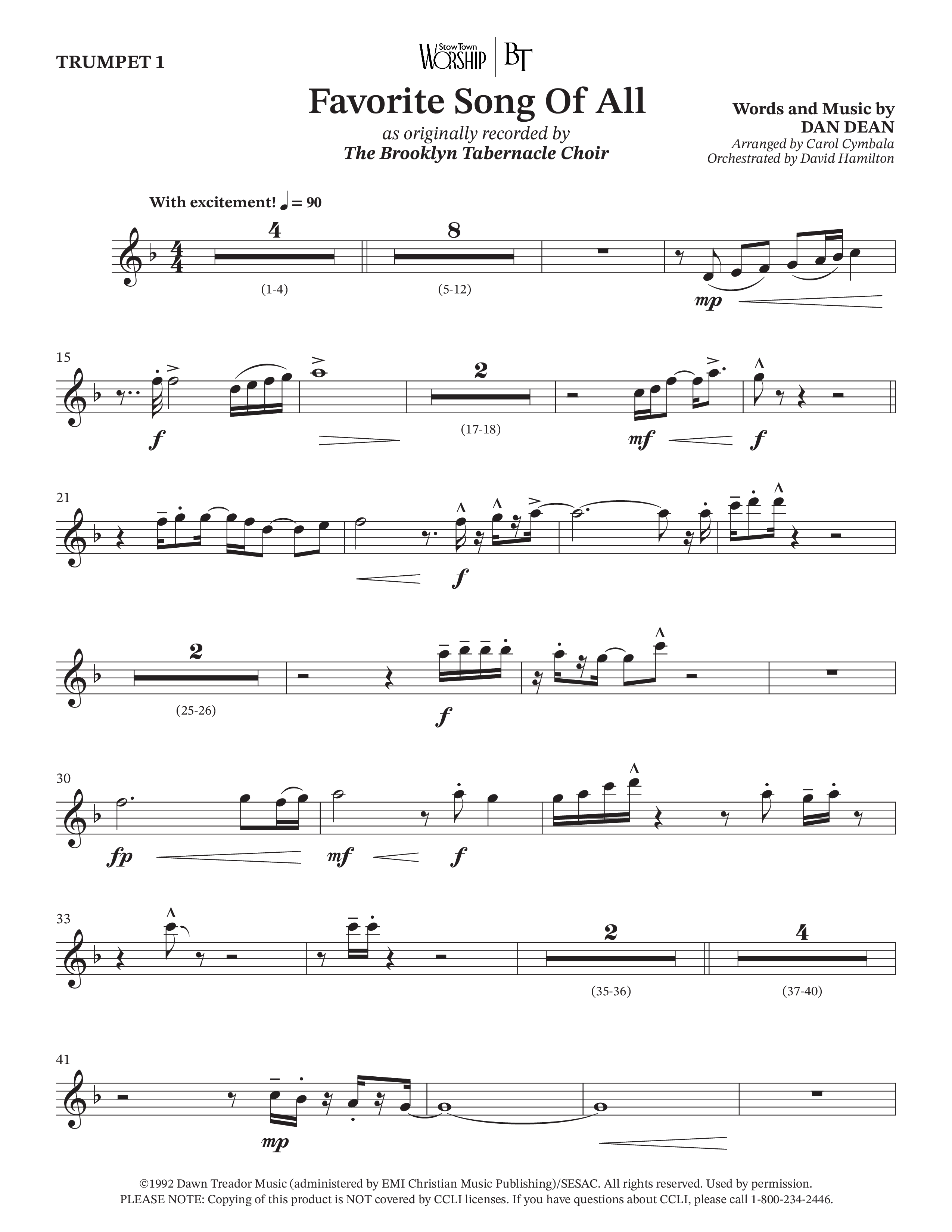 Favorite Song Of All (Choral Anthem SATB) Trumpet 1 (The Brooklyn Tabernacle Choir / Arr. Carol Cymbala / Orch. David Hamilton)