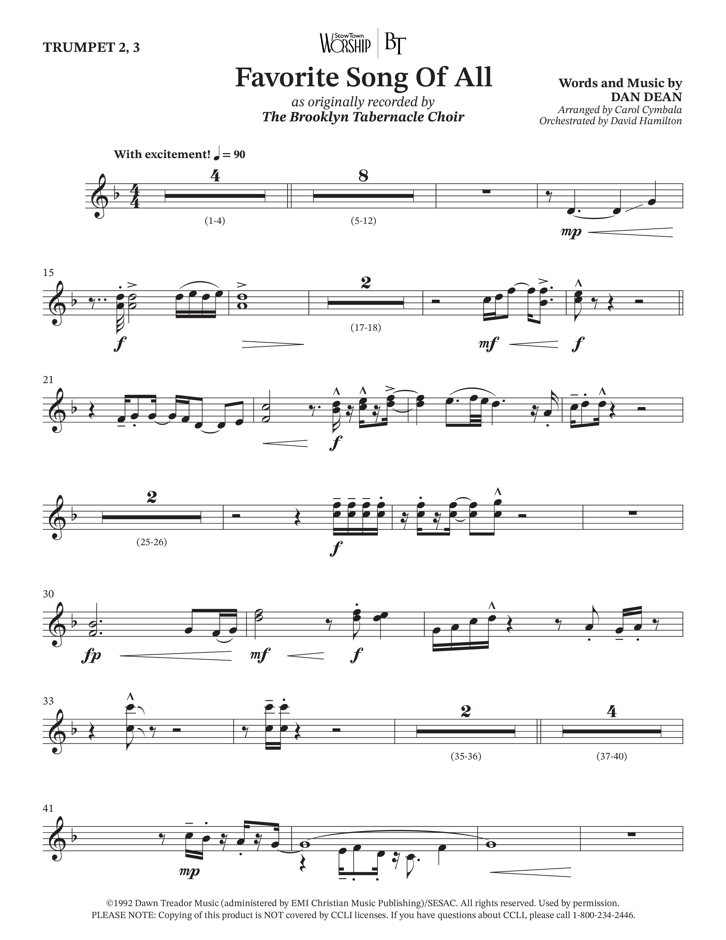 Favorite Song Of All (Choral Anthem SATB) Trumpet 2/3 (The Brooklyn Tabernacle Choir / Arr. Carol Cymbala / Orch. David Hamilton)