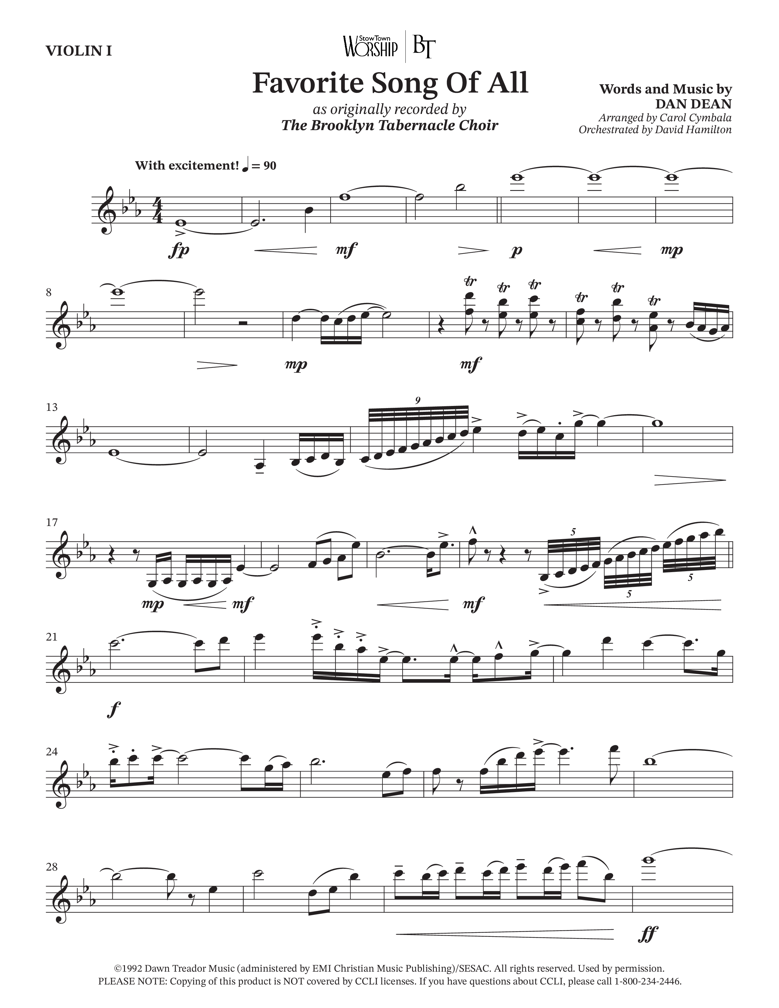 Favorite Song Of All (Choral Anthem SATB) Violin 1 (The Brooklyn Tabernacle Choir / Arr. Carol Cymbala / Orch. David Hamilton)