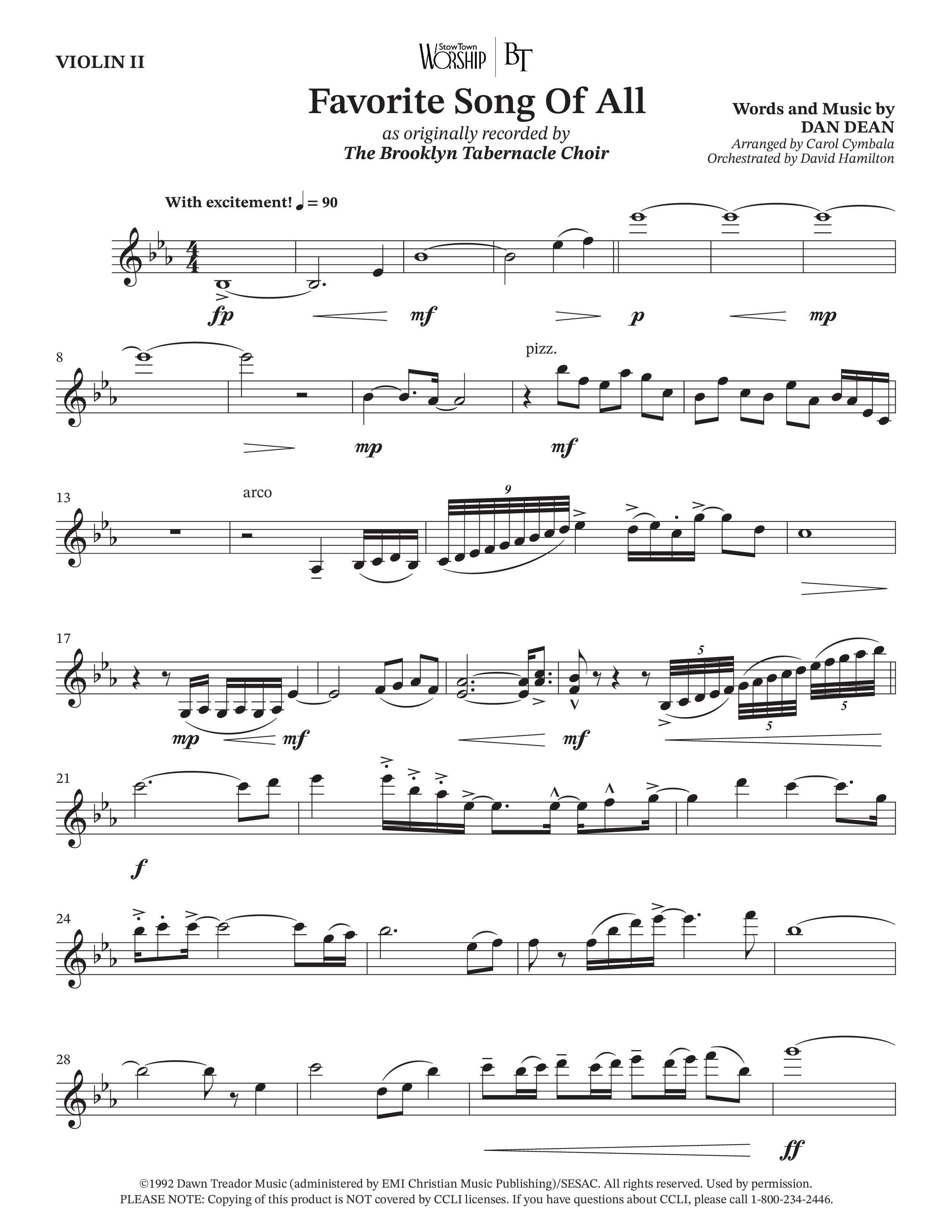 Favorite Song Of All (Choral Anthem SATB) Violin 2 (The Brooklyn Tabernacle Choir / Arr. Carol Cymbala / Orch. David Hamilton)