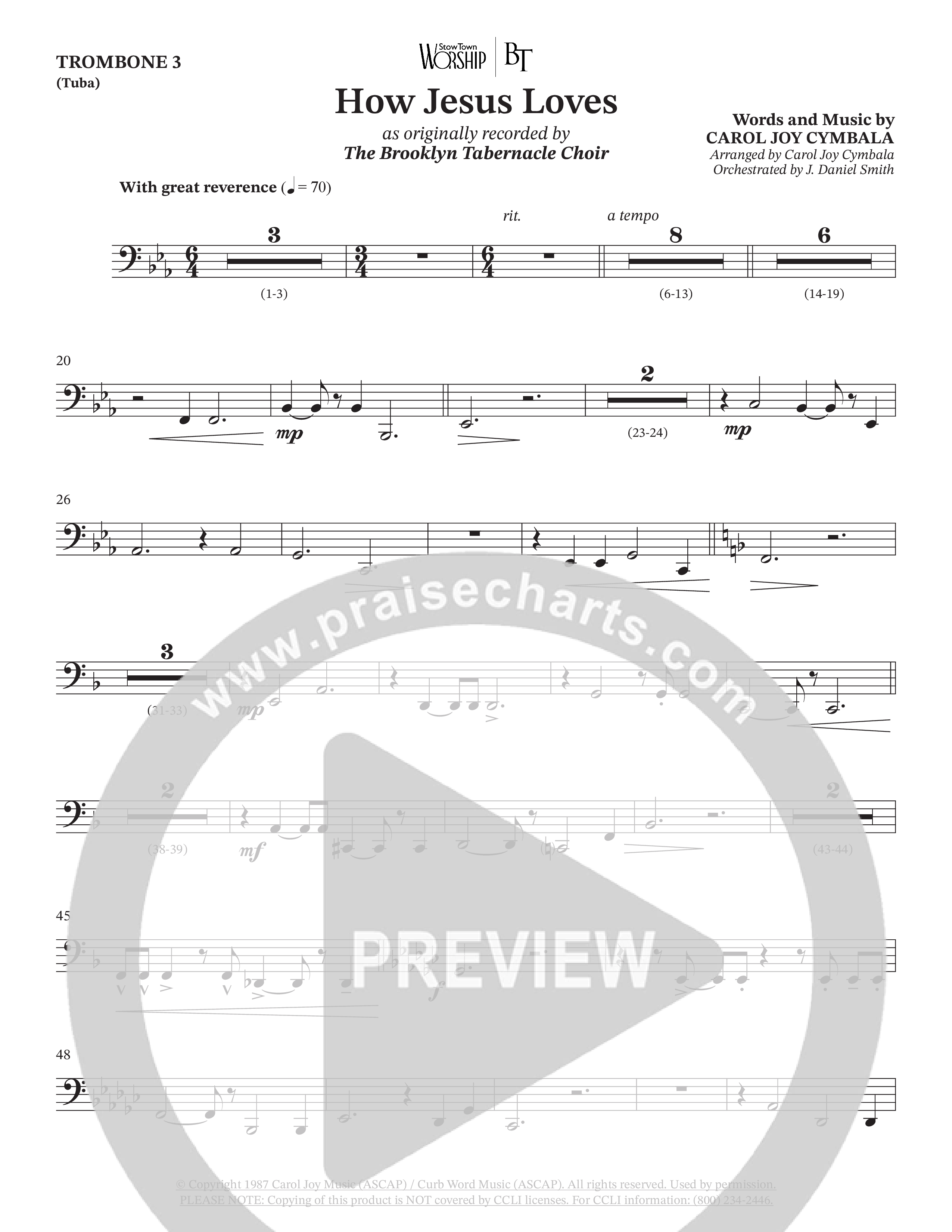 How Jesus Loves (Choral Anthem SATB) Trombone 3 (The Brooklyn Tabernacle Choir / TaRanda Greene / Arr. Carol Cymbala / Orch. J. Daniel Smith)