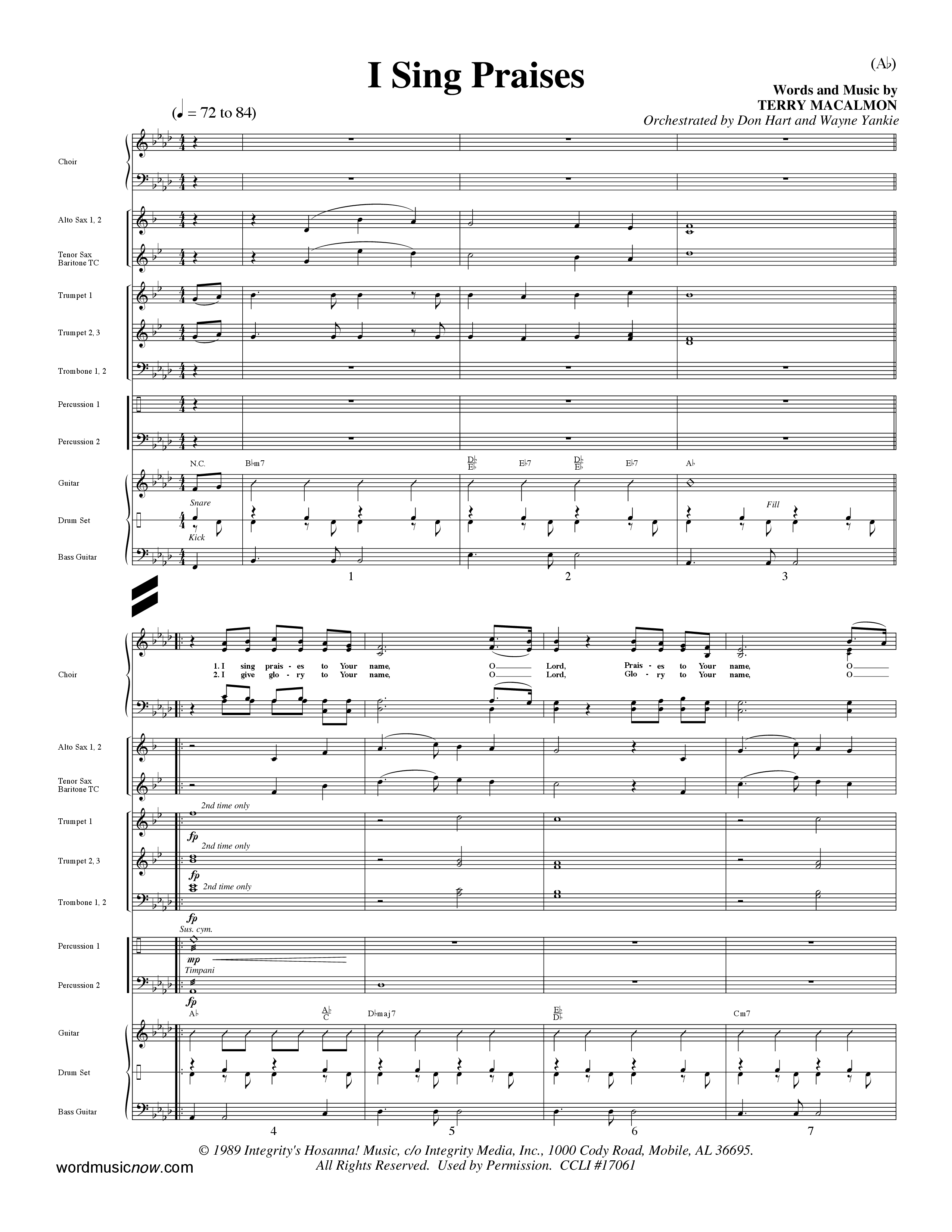 I Sing Praises (Choral Anthem SATB) PraiseBand (incl. Brass) (Word Music Choral / Orch. Don Hart / Orch. Wayne Yankie)