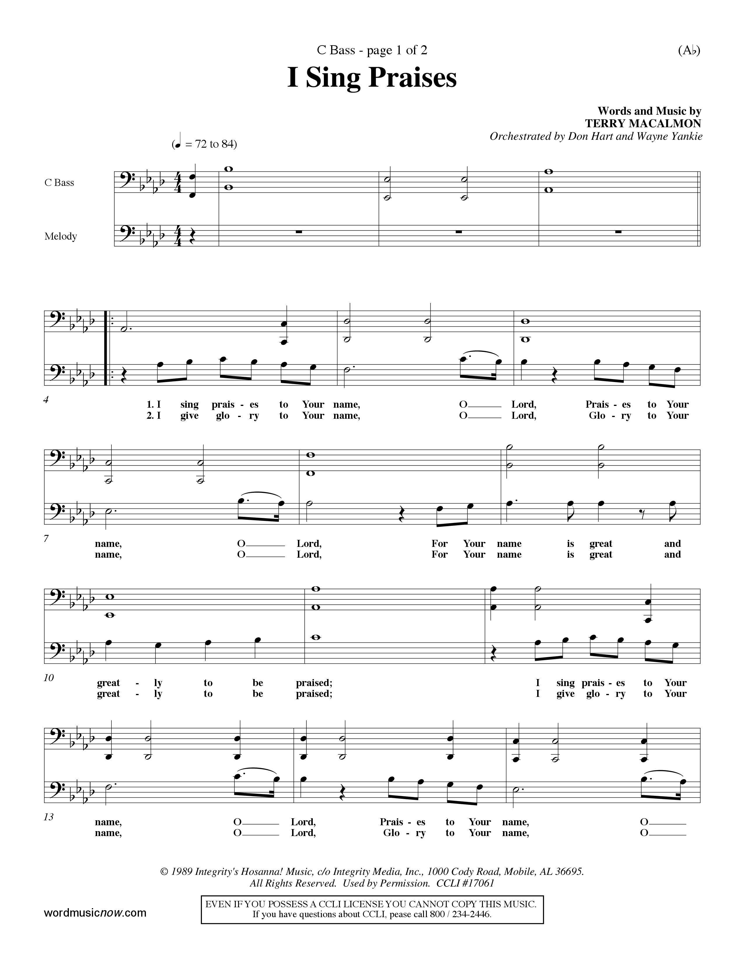 I Sing Praises (Choral Anthem SATB) Contrabass (Word Music Choral / Orch. Don Hart / Orch. Wayne Yankie)
