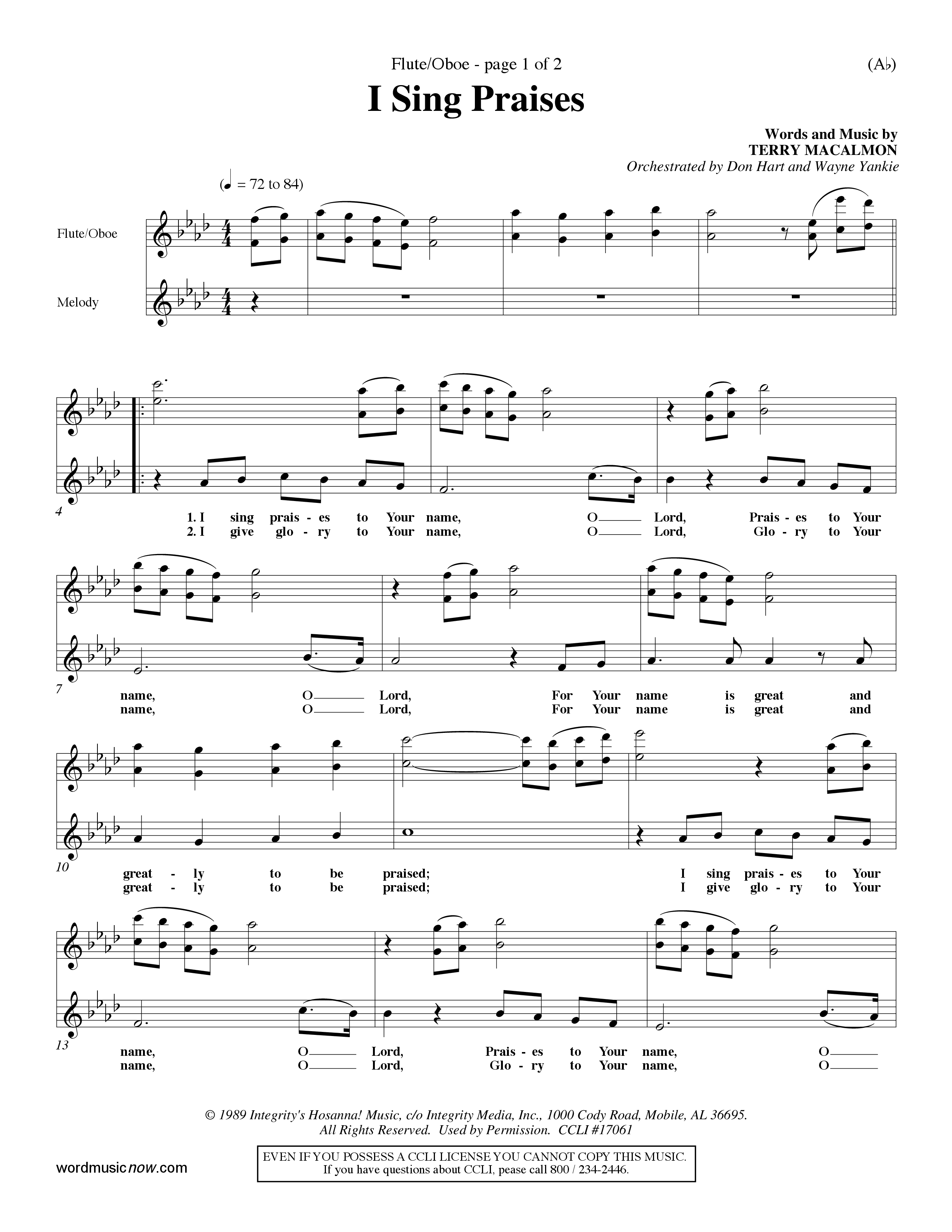 I Sing Praises (Choral Anthem SATB) Flute/Oboe (Word Music Choral / Orch. Don Hart / Orch. Wayne Yankie)