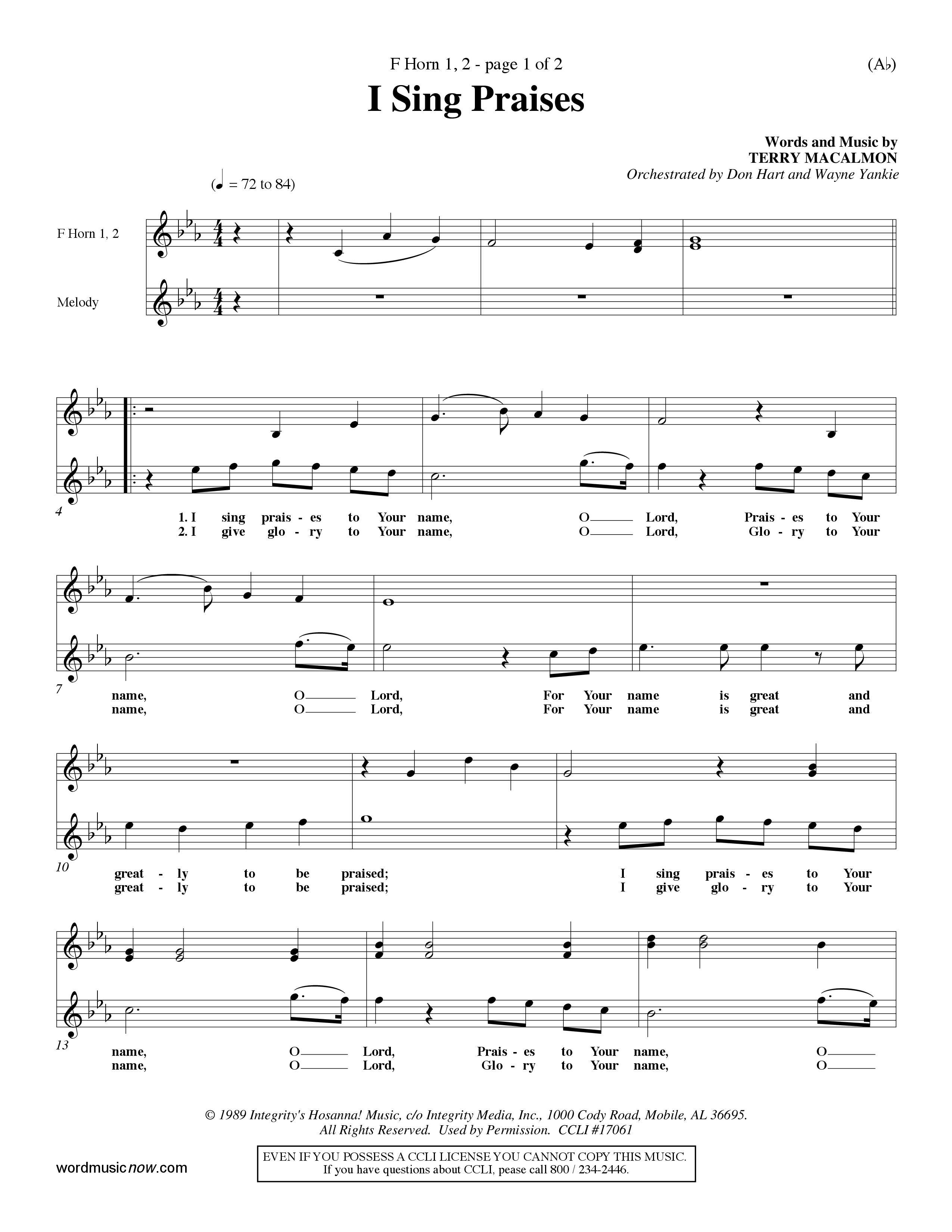I Sing Praises (Choral Anthem SATB) French Horn (Word Music Choral / Orch. Don Hart / Orch. Wayne Yankie)