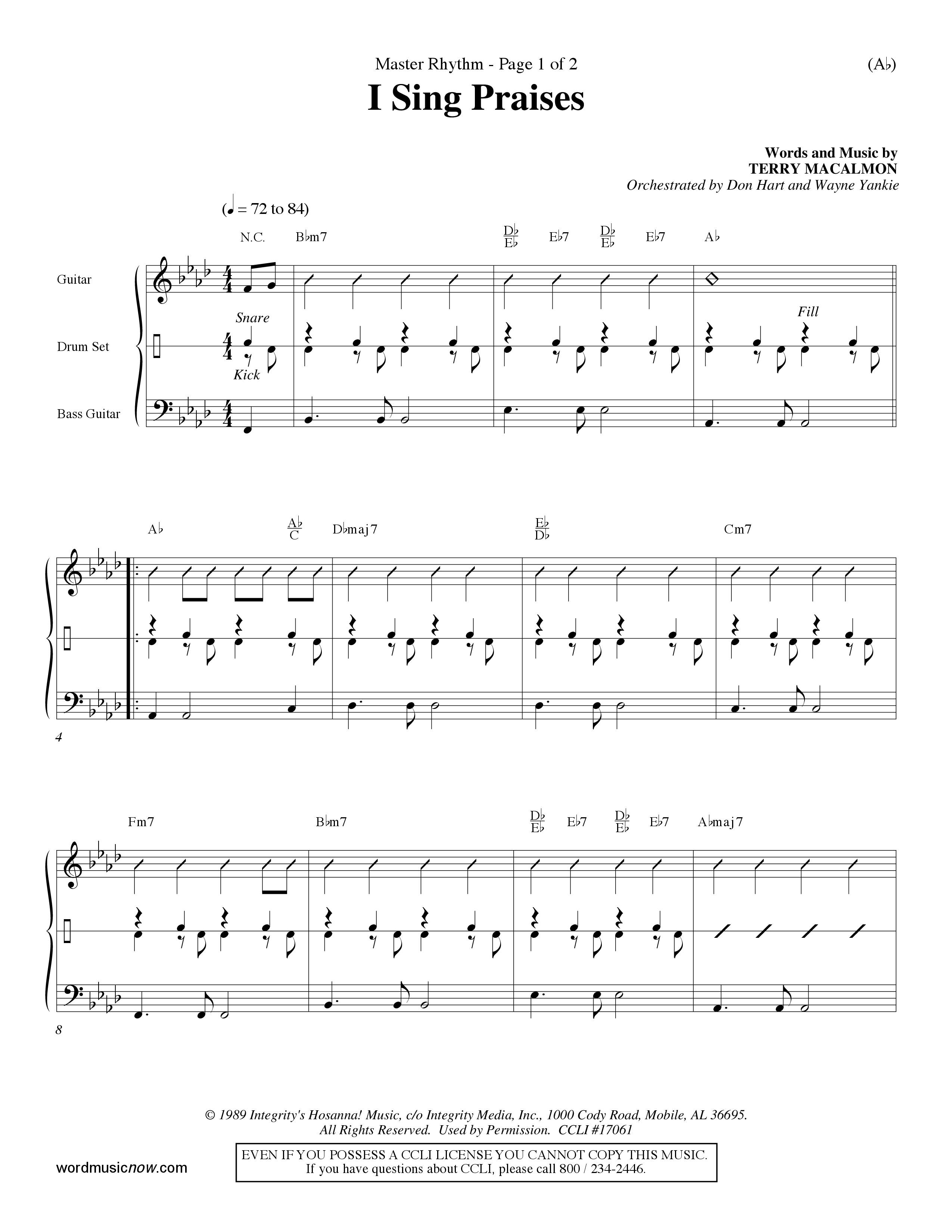 I Sing Praises (Choral Anthem SATB) Rhythm Pack (Word Music Choral / Orch. Don Hart / Orch. Wayne Yankie)