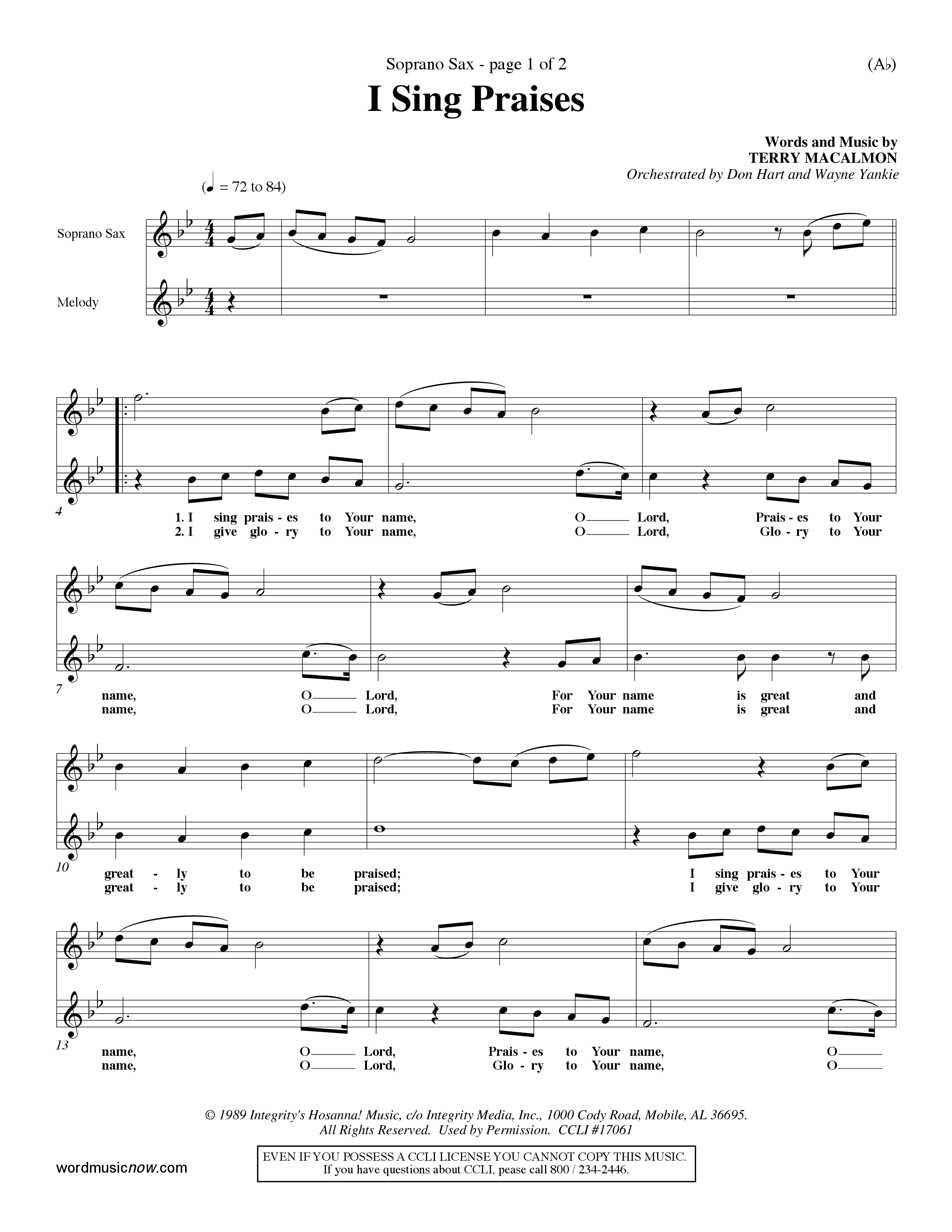 I Sing Praises (Choral Anthem SATB) Saxophone (Word Music Choral / Orch. Don Hart / Orch. Wayne Yankie)