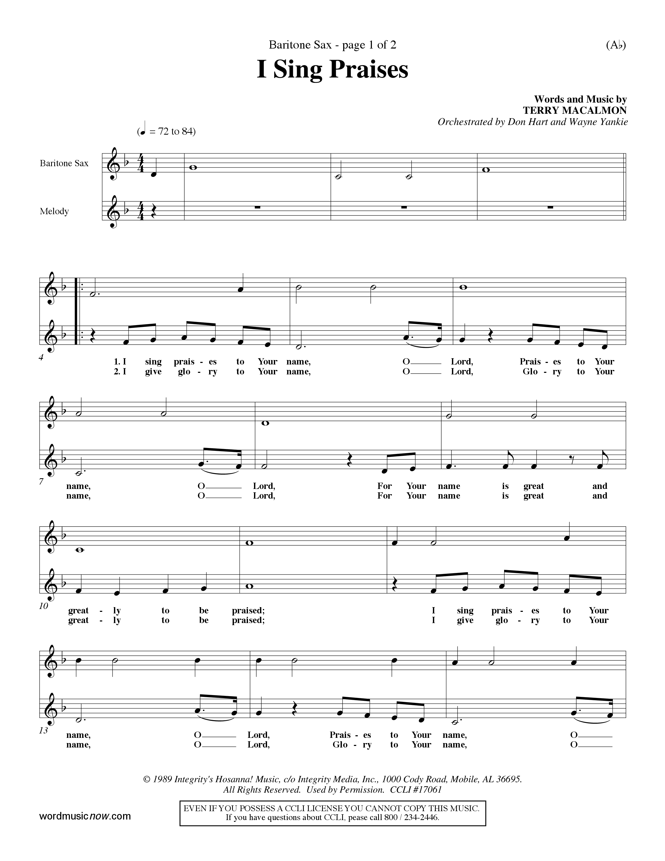 I Sing Praises (Choral Anthem SATB) Saxophone (Word Music Choral / Orch. Don Hart / Orch. Wayne Yankie)