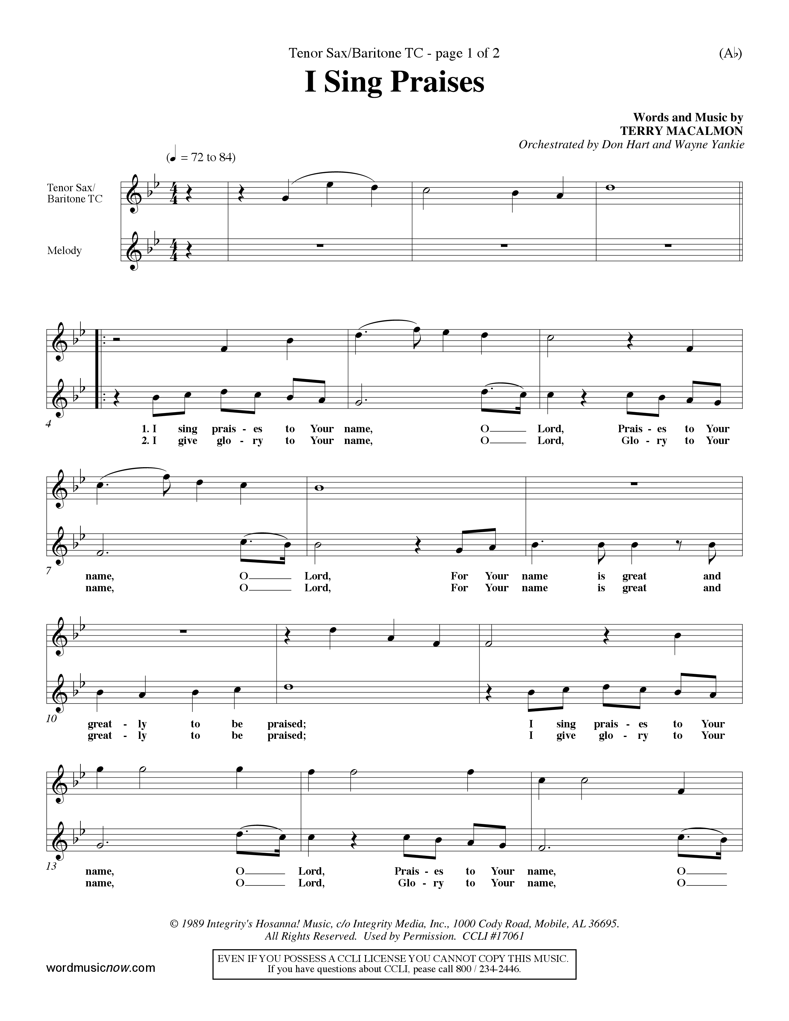 I Sing Praises (Choral Anthem SATB) Tenor Sax/Baritone T.C. (Word Music Choral / Orch. Don Hart / Orch. Wayne Yankie)