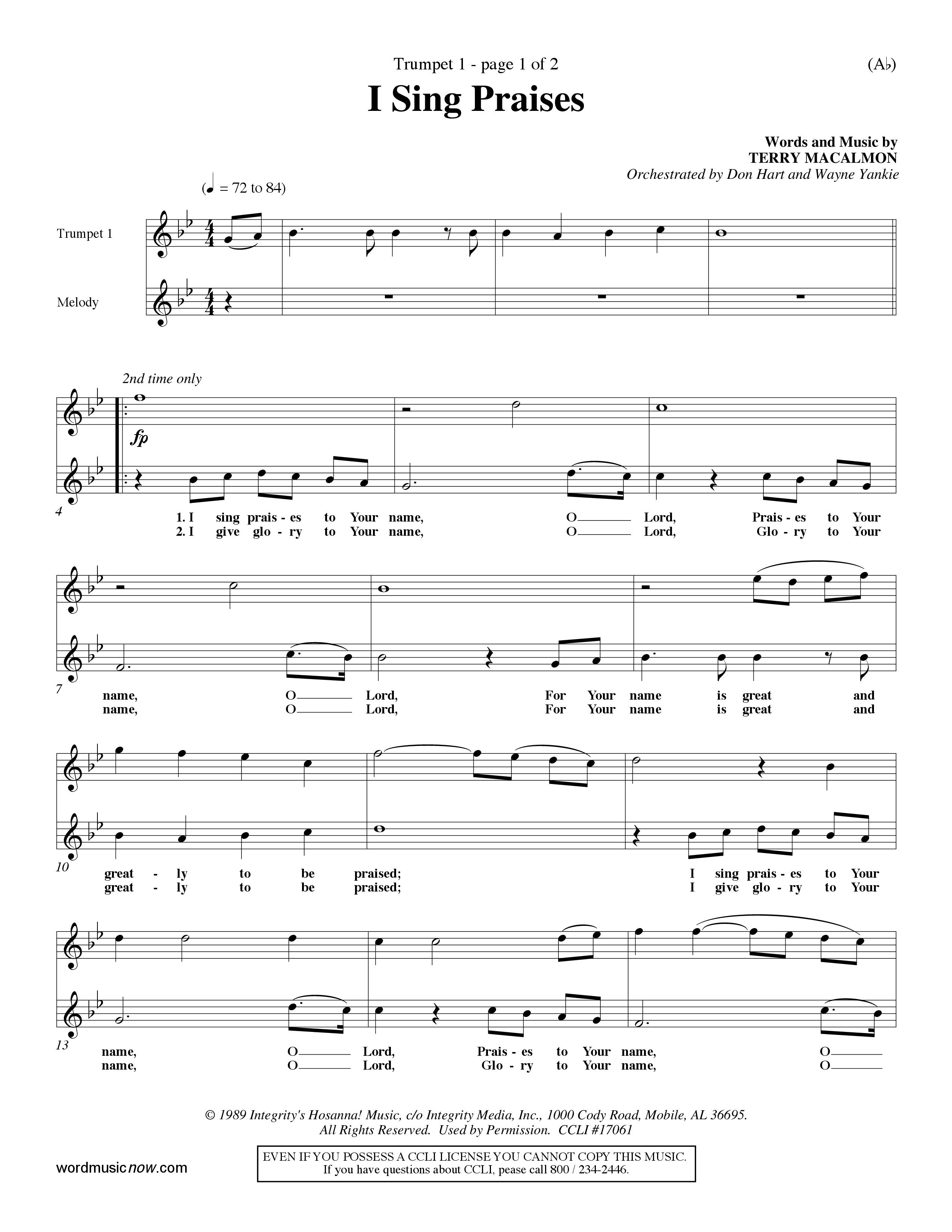 I Sing Praises (Choral Anthem SATB) Trumpet 1 (Word Music Choral / Orch. Don Hart / Orch. Wayne Yankie)