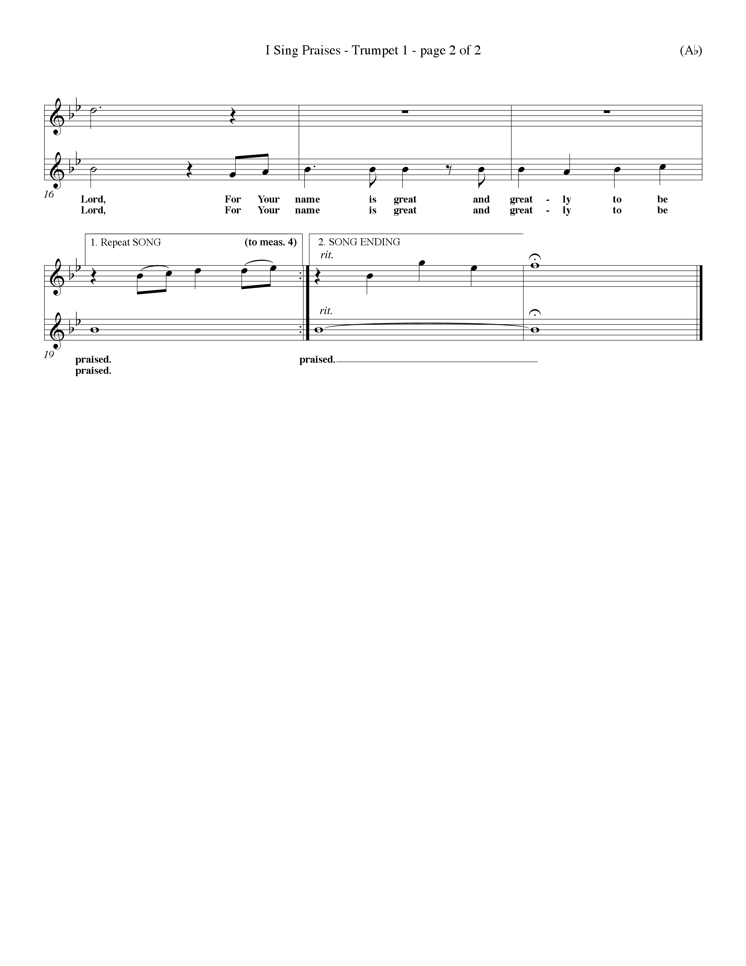 I Sing Praises (Choral Anthem SATB) Trumpet 1 (Word Music Choral / Orch. Don Hart / Orch. Wayne Yankie)