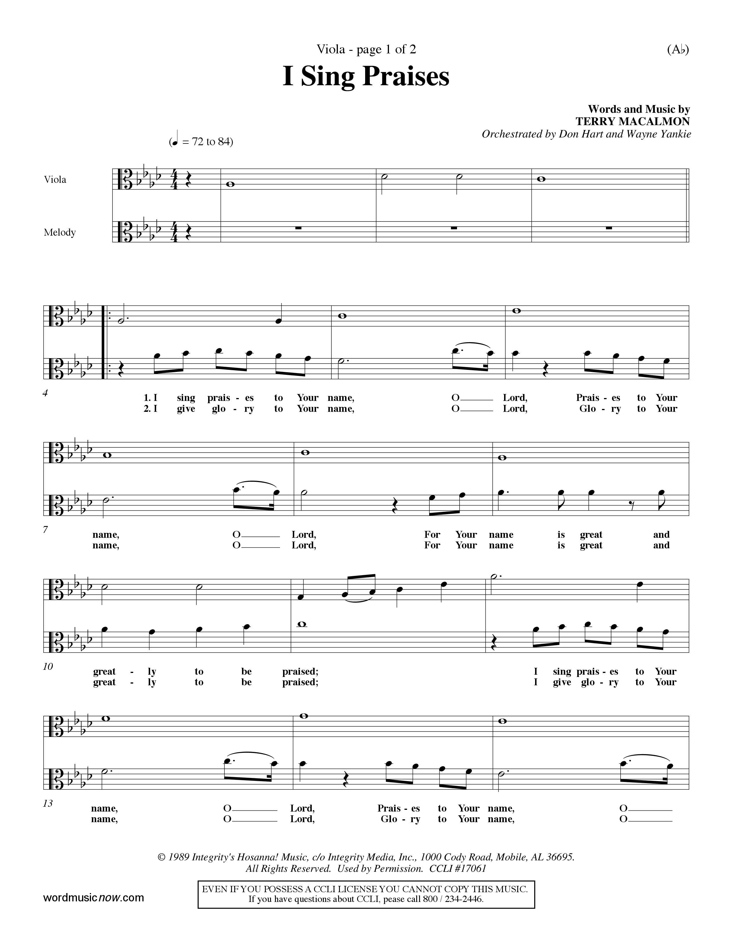 I Sing Praises (Choral Anthem SATB) Viola (Word Music Choral / Orch. Don Hart / Orch. Wayne Yankie)
