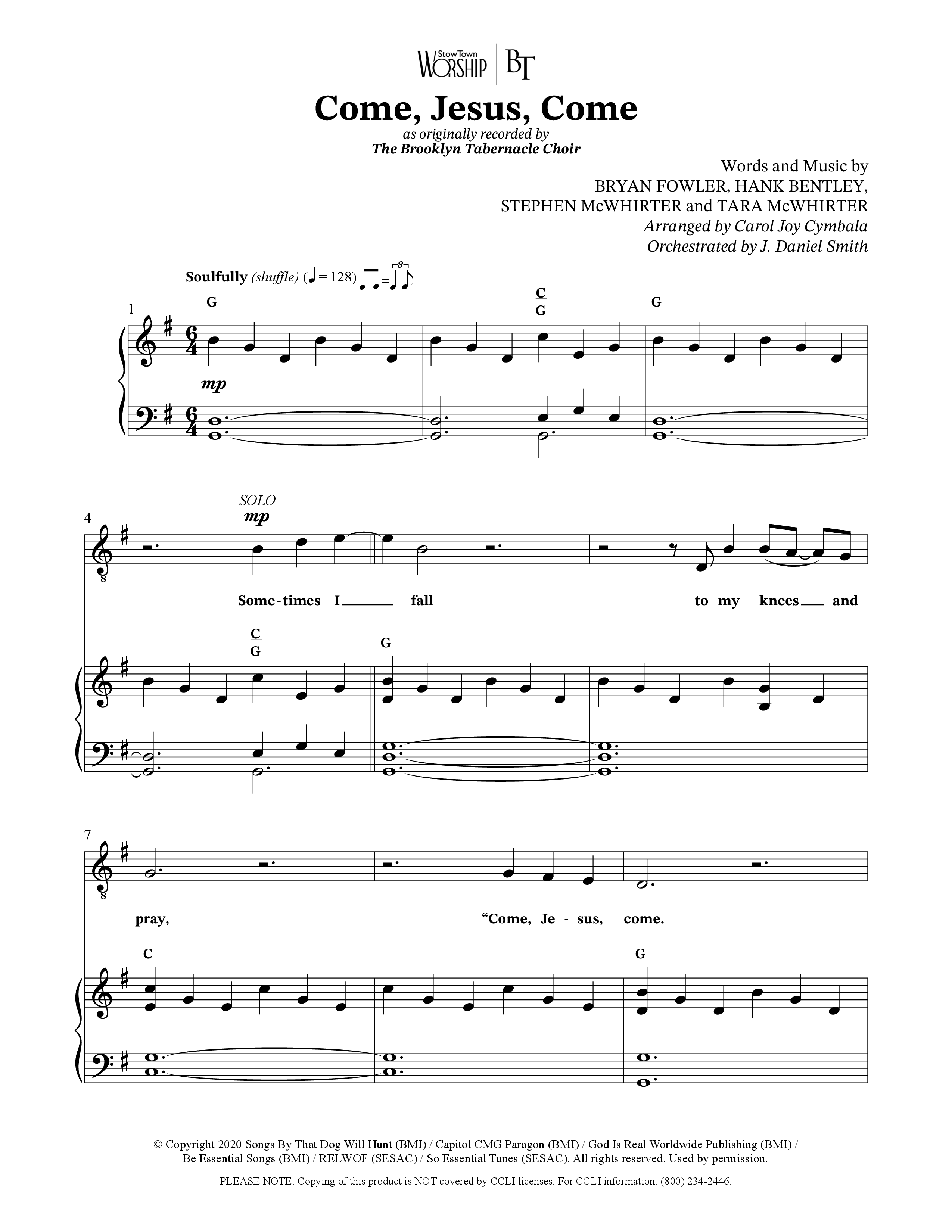 Come Jesus Come (Choral Anthem SATB) Octavo (SATB & Pno) (The Brooklyn Tabernacle Choir / Stephen McWhirter / Arr. Carol Cymbala / Orch. J. Daniel Smith)