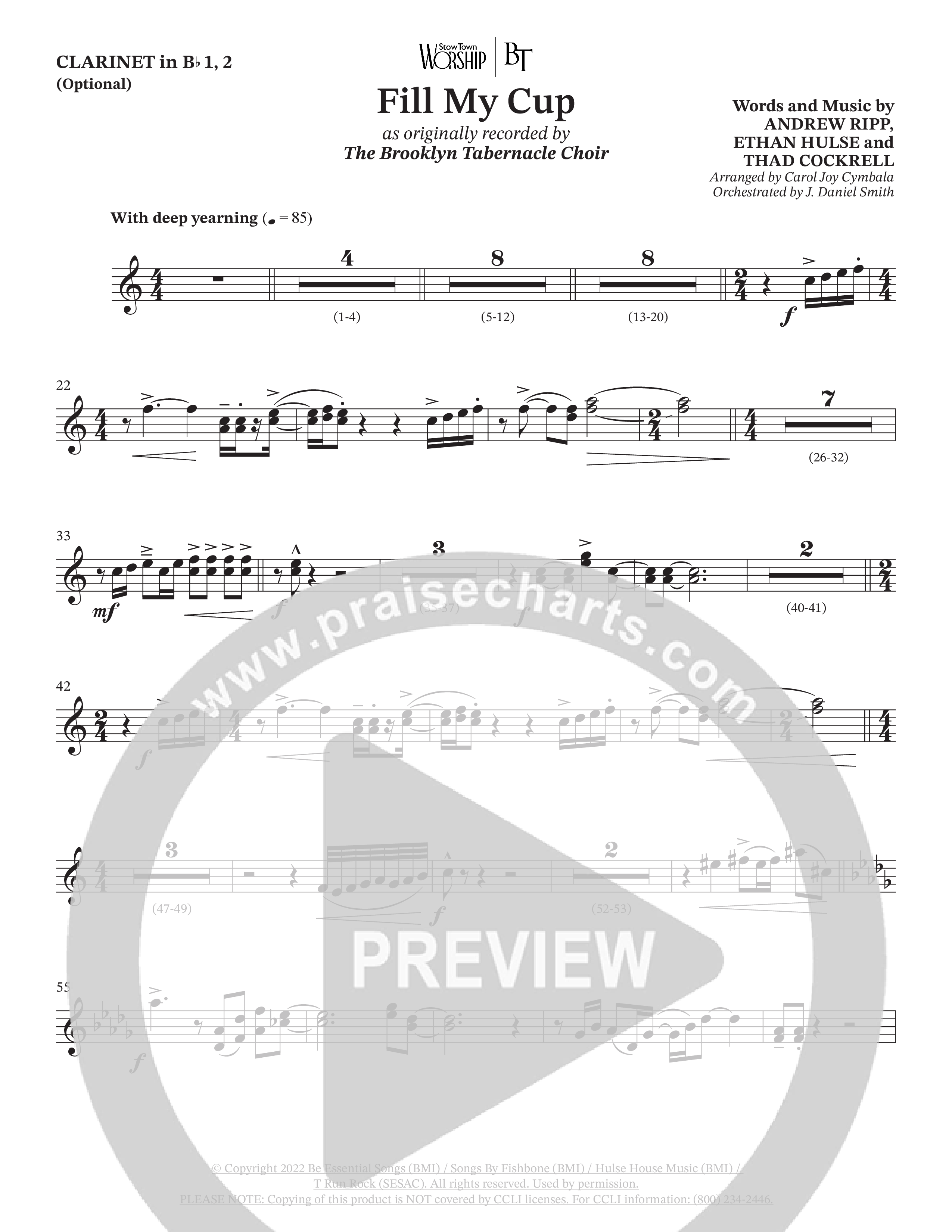 Fill My Cup (Choral Anthem SATB) Clarinet 1/2 (The Brooklyn Tabernacle Choir / Arr. Carol Cymbala / Orch. J. Daniel Smith)