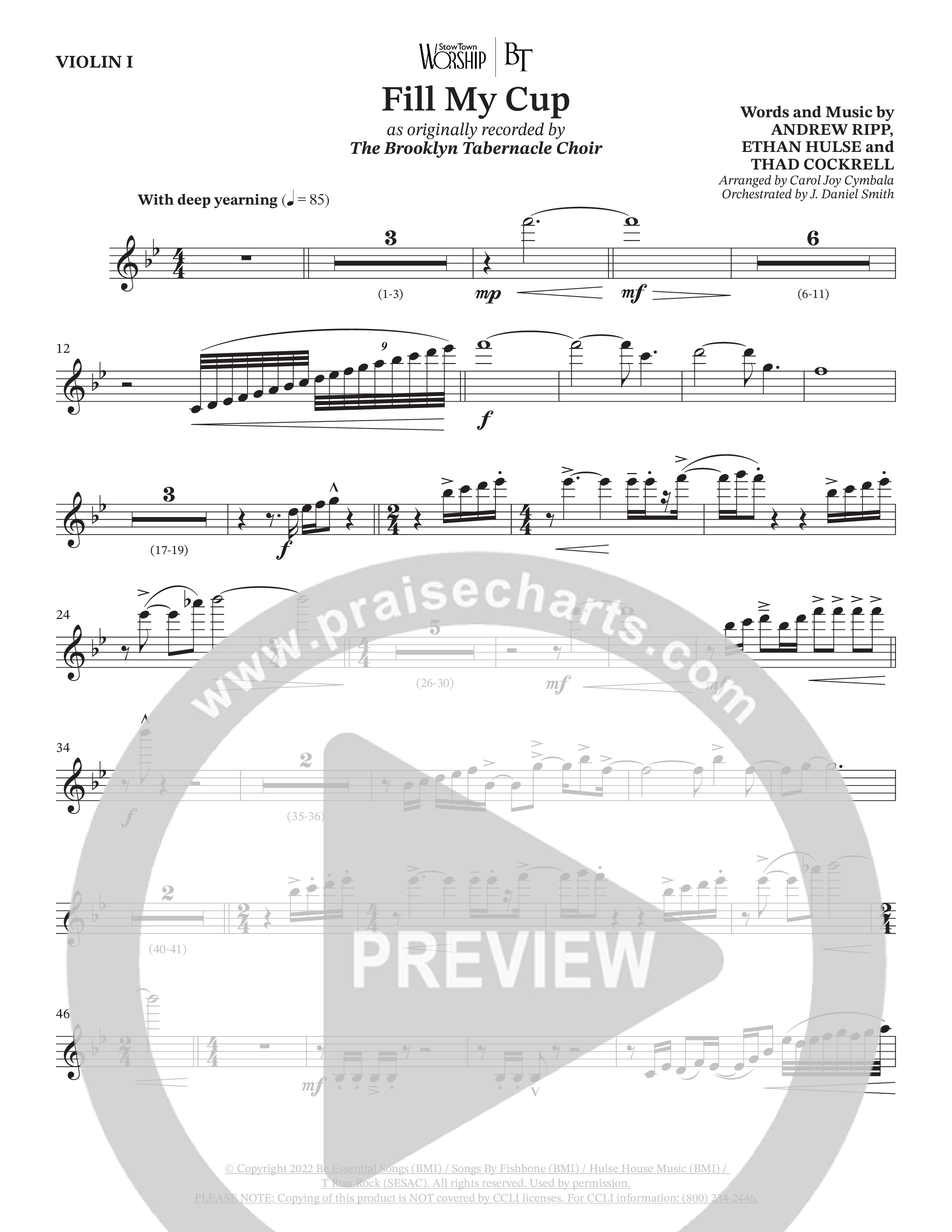 Fill My Cup (Choral Anthem SATB) Violin 1 (The Brooklyn Tabernacle Choir / Arr. Carol Cymbala / Orch. J. Daniel Smith)