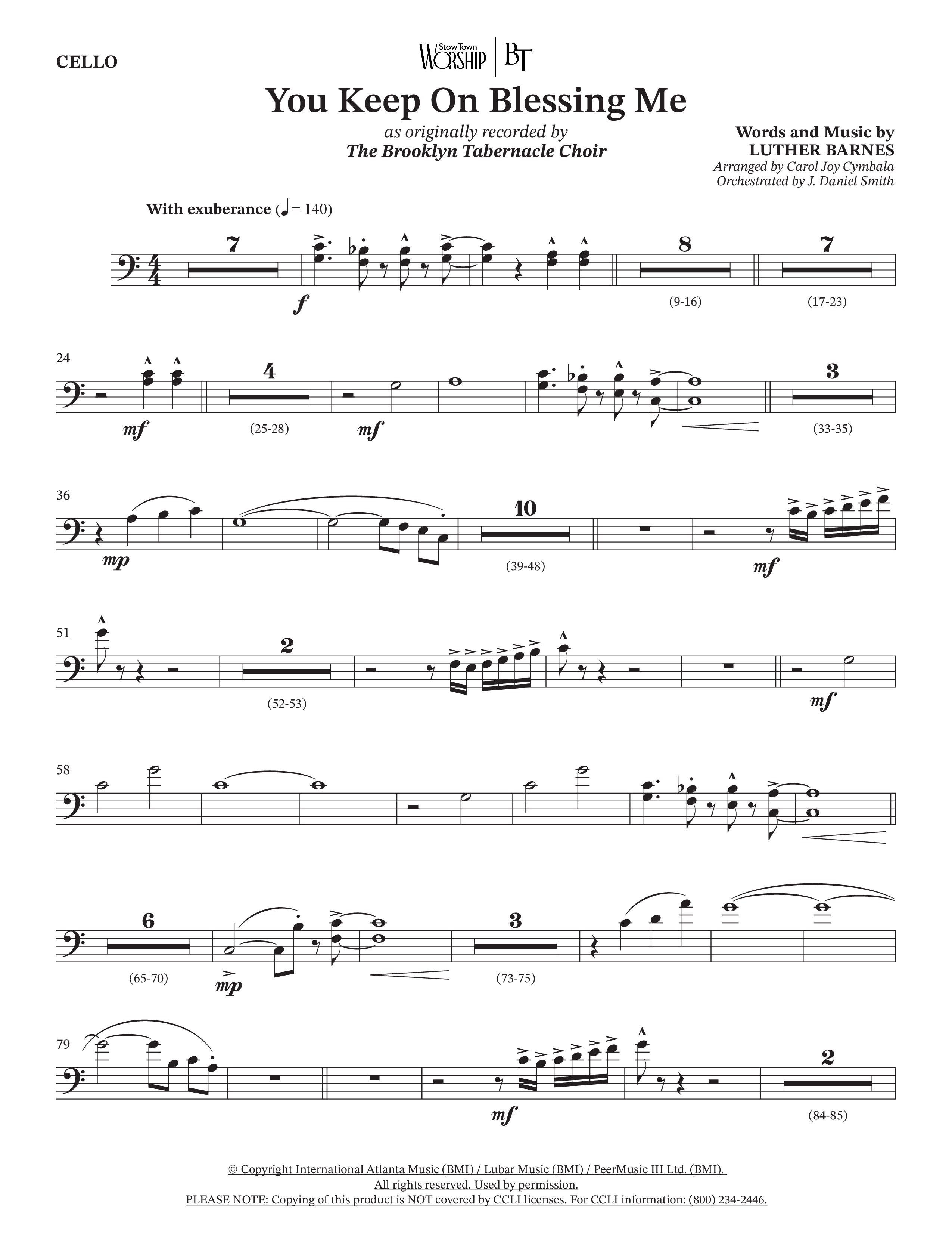 You Keep On Blessing Me (Choral Anthem SATB) Cello (The Brooklyn Tabernacle Choir / Arr. Carol Cymbala / Orch. J. Daniel Smith)