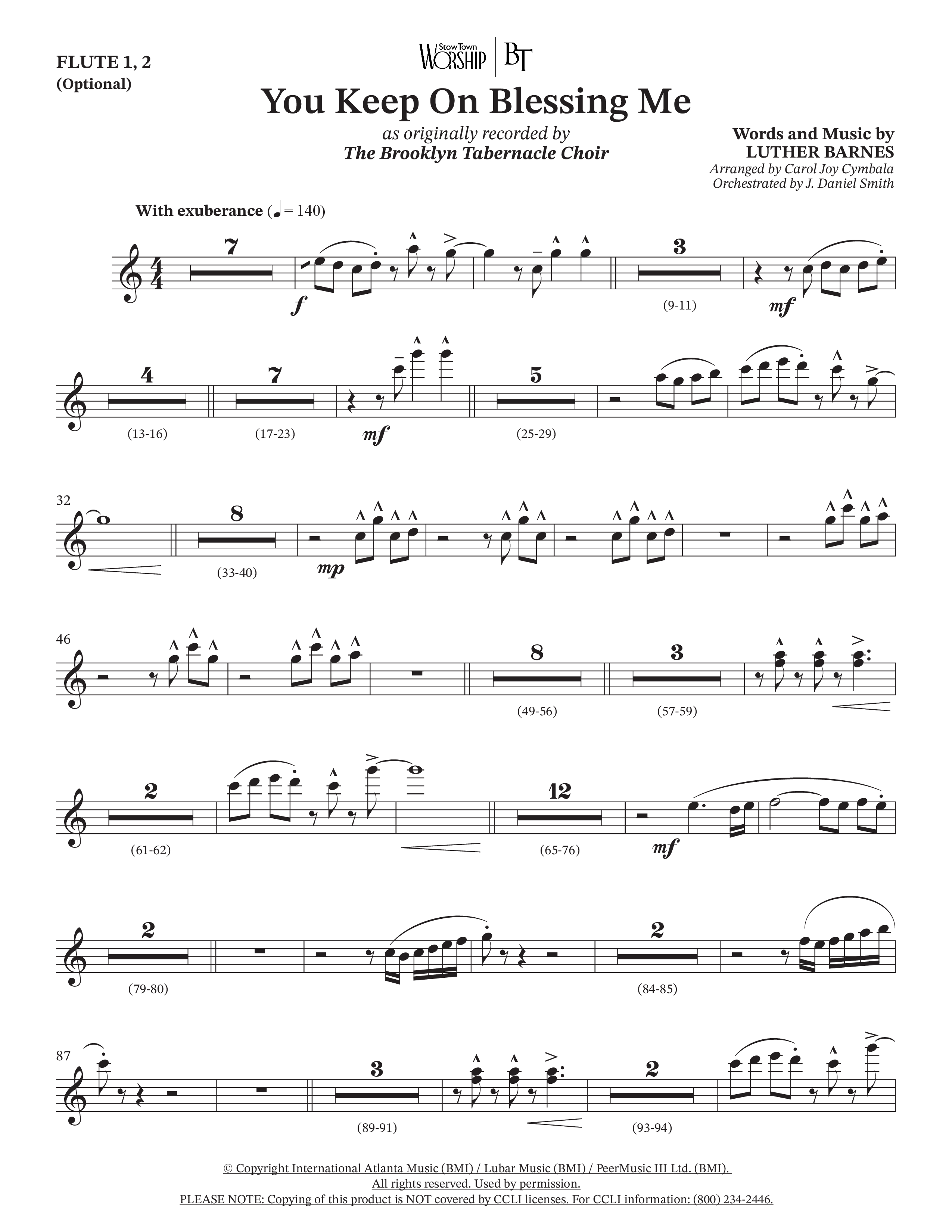 You Keep On Blessing Me (Choral Anthem SATB) Flute 1/2 (The Brooklyn Tabernacle Choir / Arr. Carol Cymbala / Orch. J. Daniel Smith)