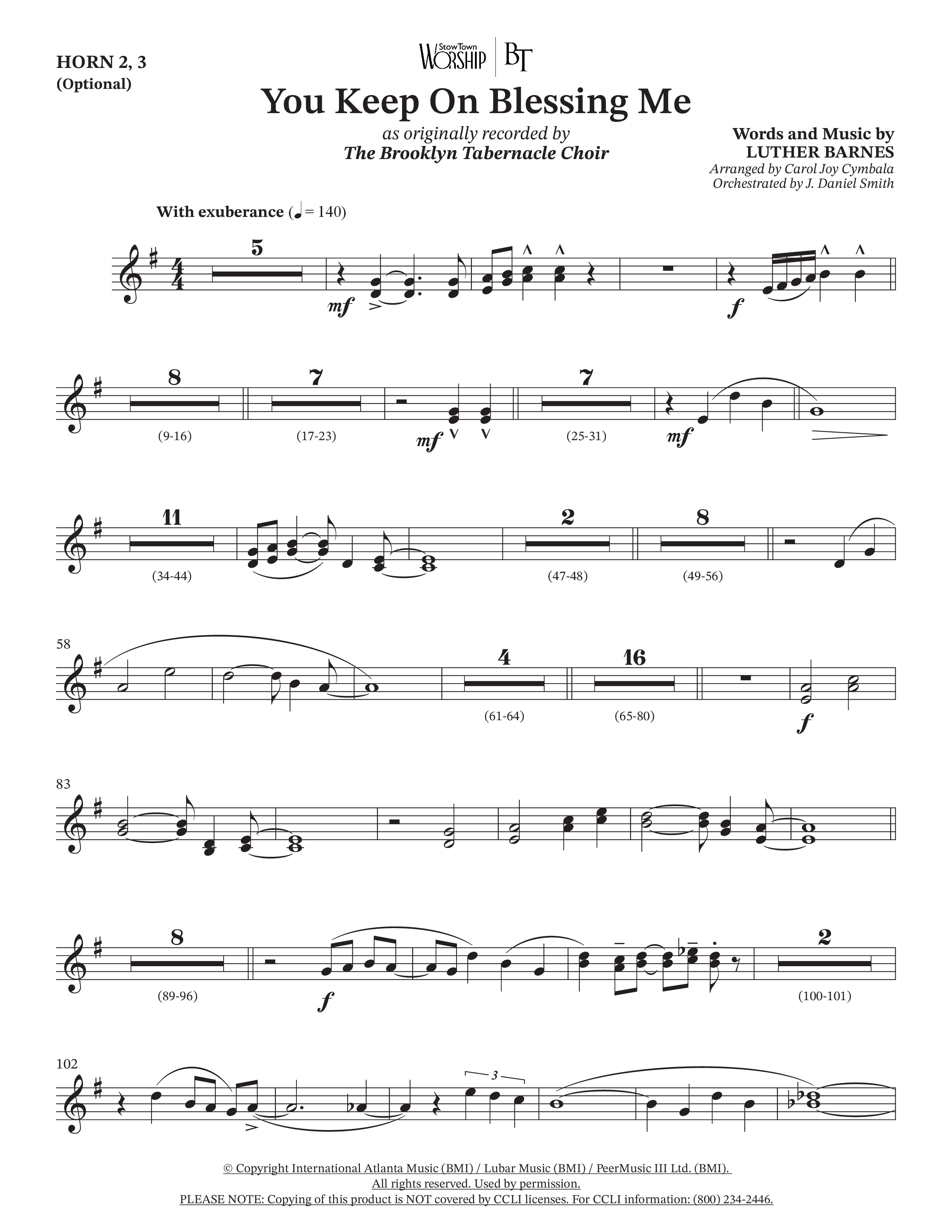You Keep On Blessing Me (Choral Anthem SATB) French Horn 3 (The Brooklyn Tabernacle Choir / Arr. Carol Cymbala / Orch. J. Daniel Smith)