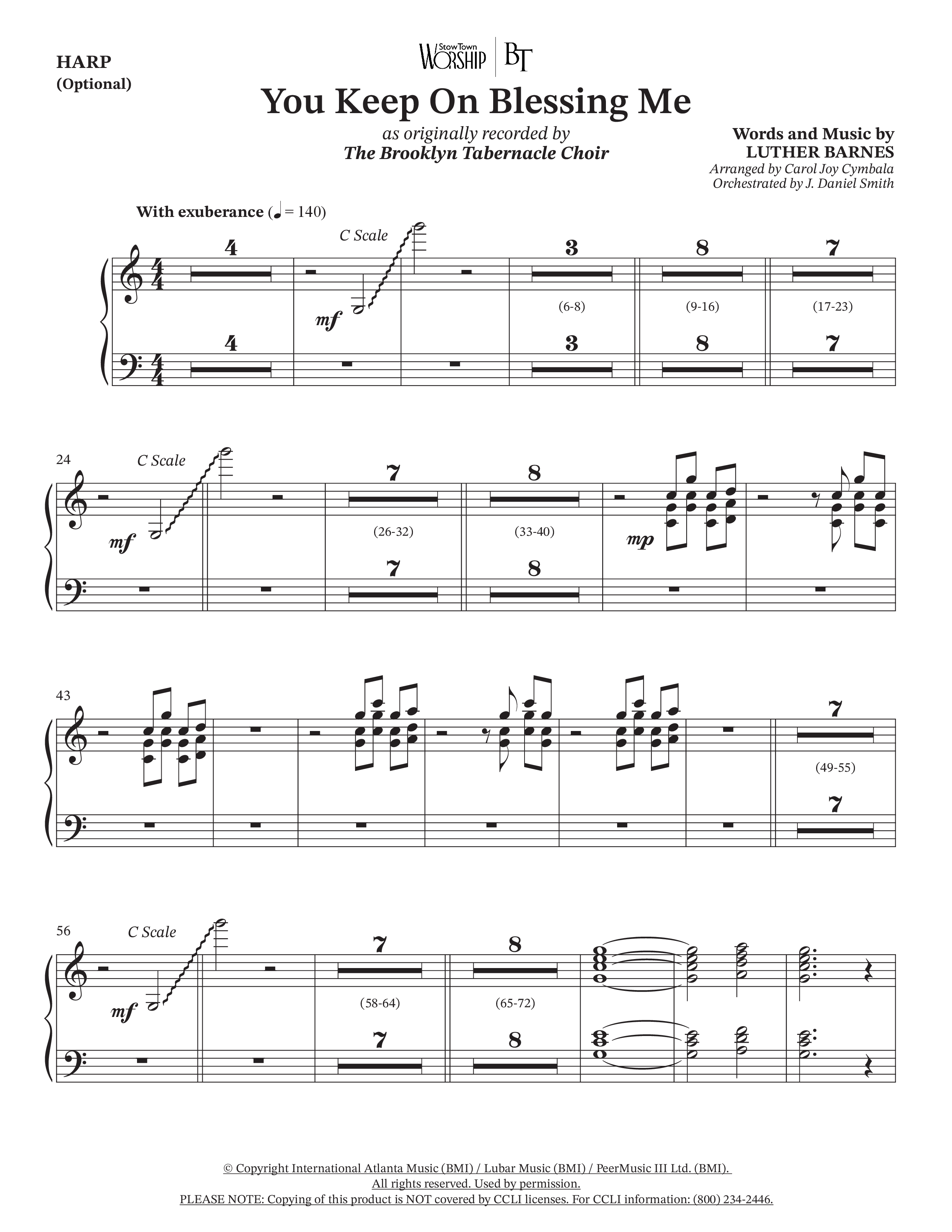 You Keep On Blessing Me (Choral Anthem SATB) Harp (The Brooklyn Tabernacle Choir / Arr. Carol Cymbala / Orch. J. Daniel Smith)