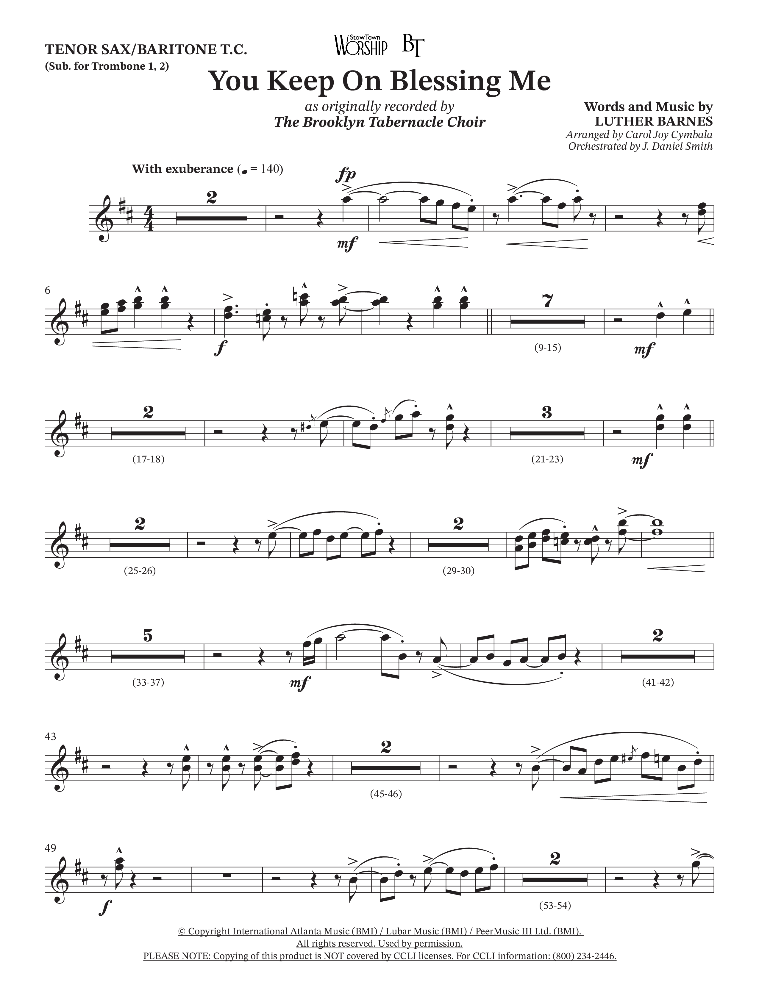 You Keep On Blessing Me (Choral Anthem SATB) Tenor Sax/Baritone T.C. (The Brooklyn Tabernacle Choir / Arr. Carol Cymbala / Orch. J. Daniel Smith)