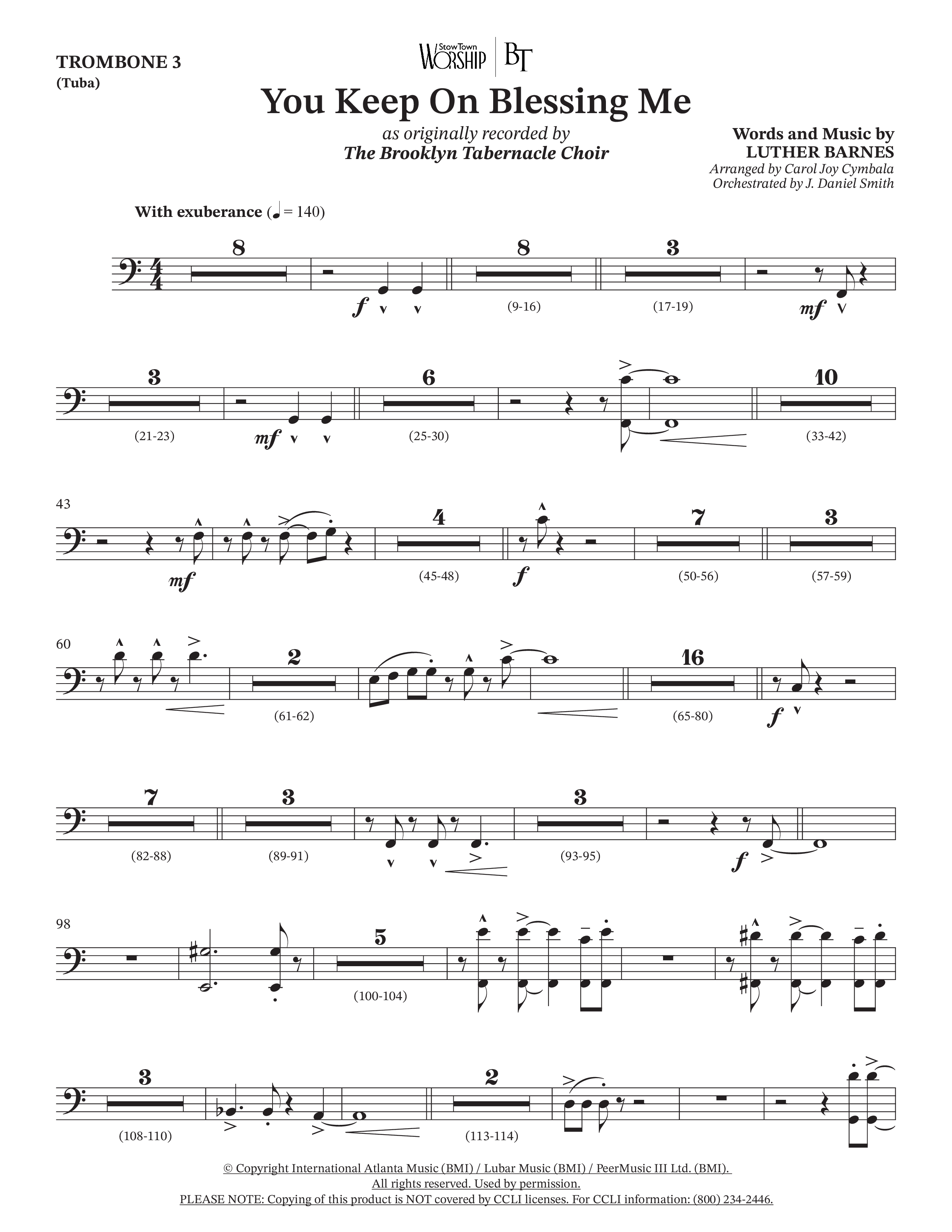 You Keep On Blessing Me (Choral Anthem SATB) Trombone 3 (The Brooklyn Tabernacle Choir / Arr. Carol Cymbala / Orch. J. Daniel Smith)