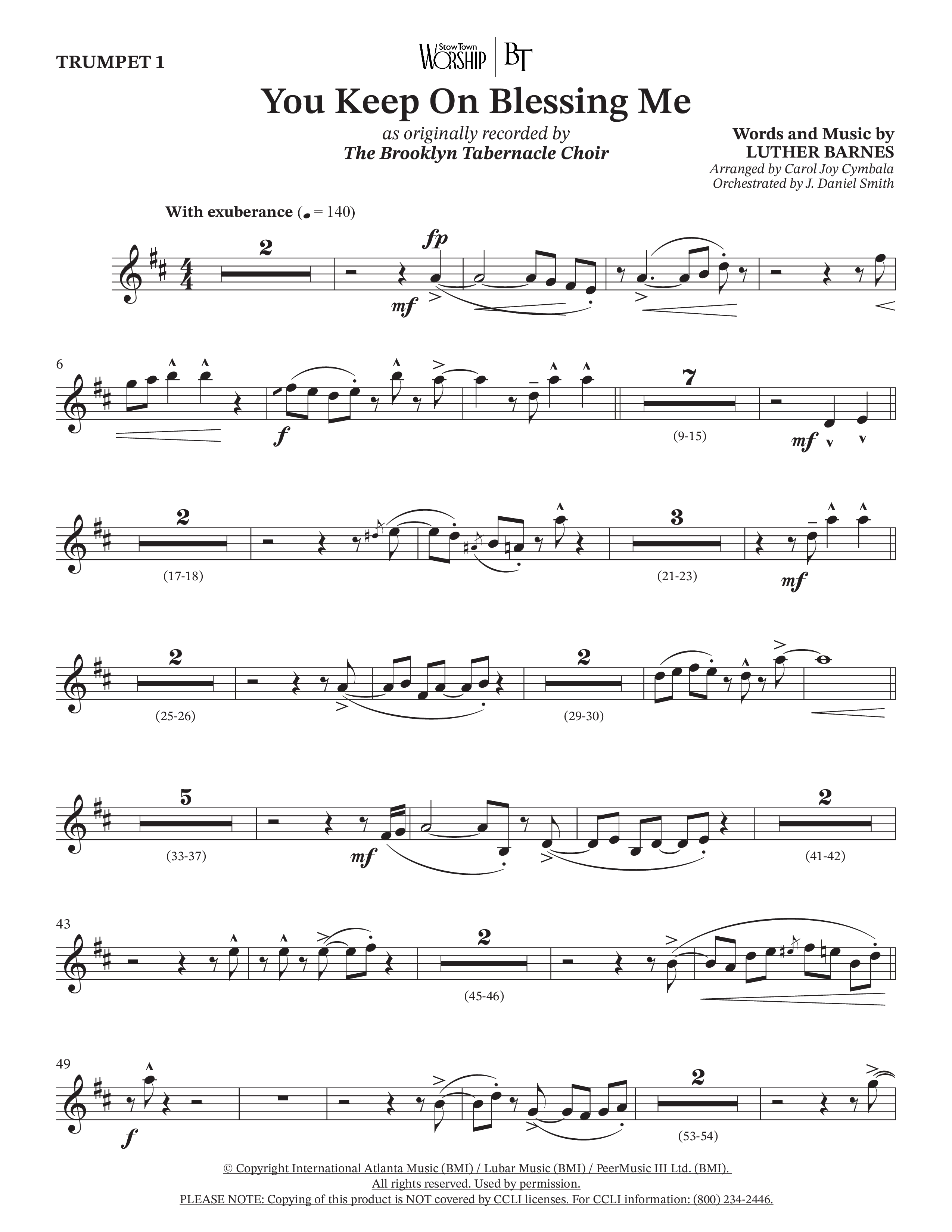 You Keep On Blessing Me (Choral Anthem SATB) Trumpet 1 (The Brooklyn Tabernacle Choir / Arr. Carol Cymbala / Orch. J. Daniel Smith)
