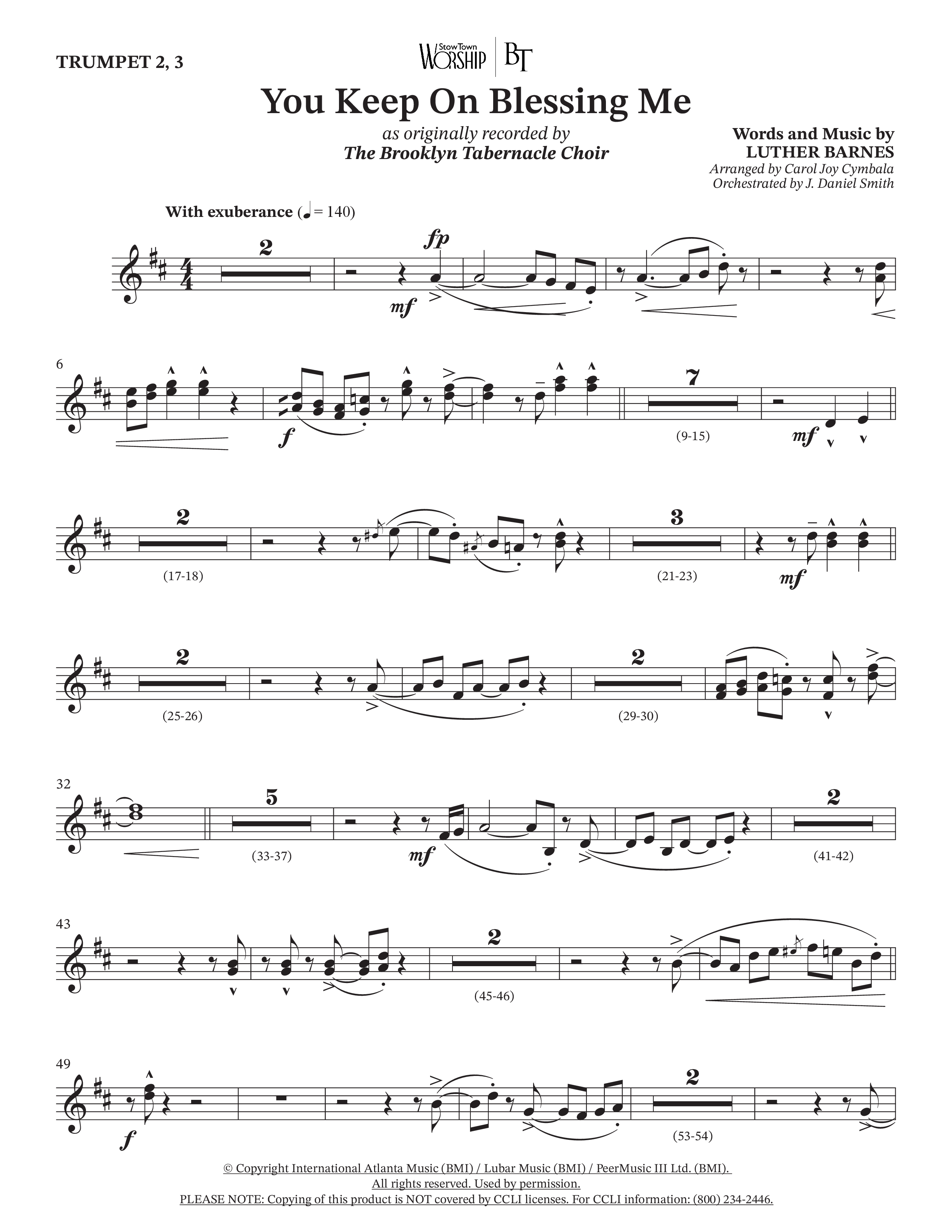 You Keep On Blessing Me (Choral Anthem SATB) Trumpet 2/3 (The Brooklyn Tabernacle Choir / Arr. Carol Cymbala / Orch. J. Daniel Smith)
