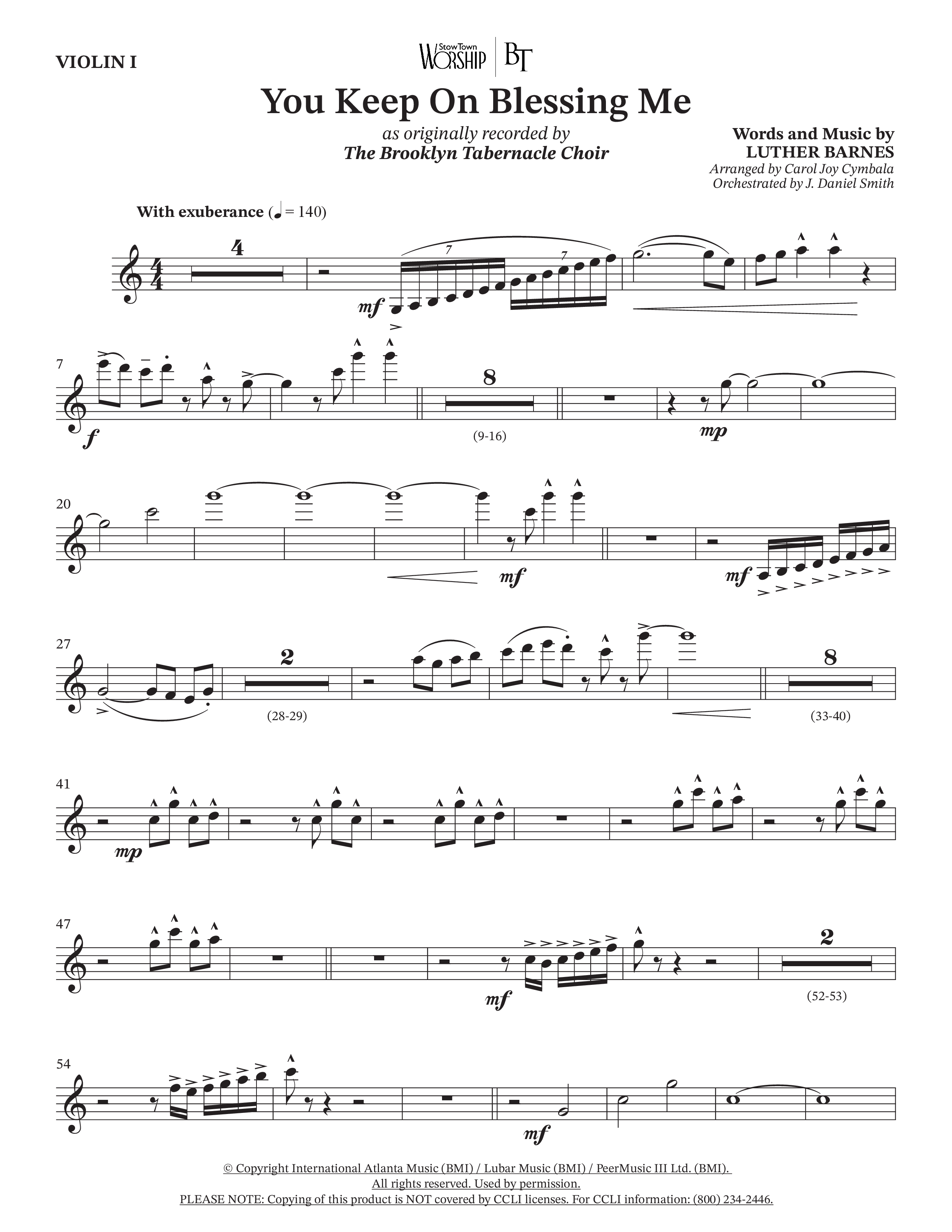 You Keep On Blessing Me (Choral Anthem SATB) Violin 1 (The Brooklyn Tabernacle Choir / Arr. Carol Cymbala / Orch. J. Daniel Smith)