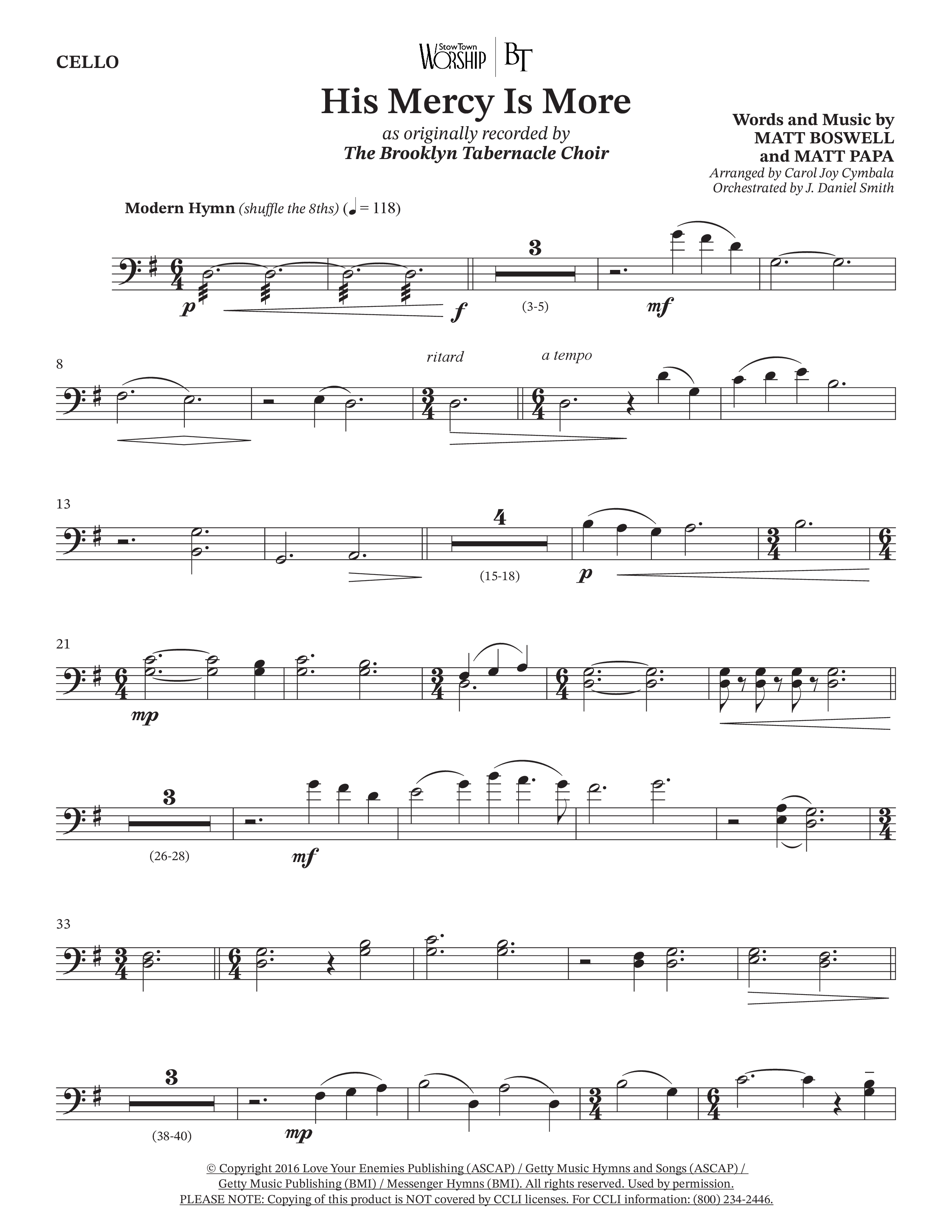 His Mercy Is More (Choral Anthem SATB) Cello (The Brooklyn Tabernacle Choir / Arr. Carol Cymbala / Orch. J. Daniel Smith)