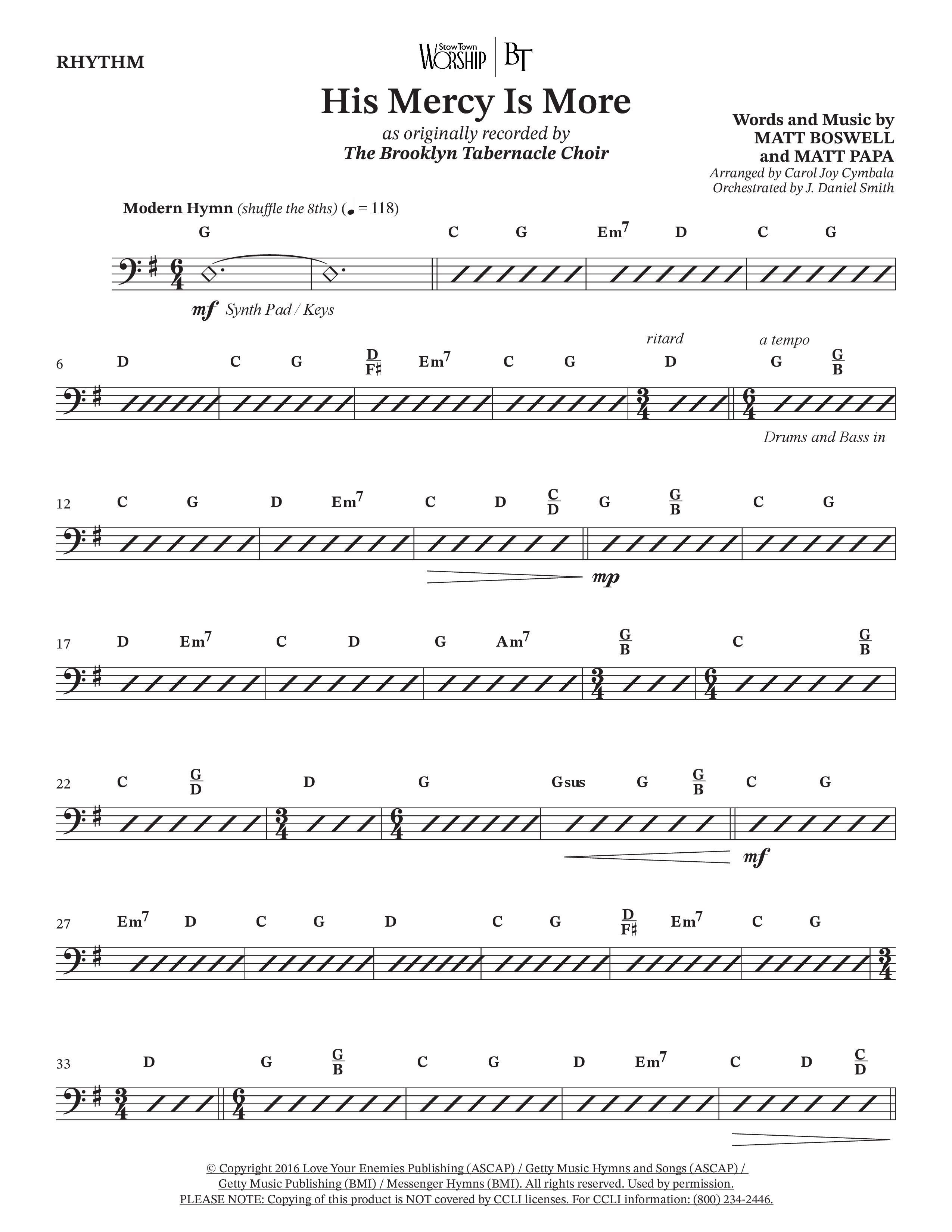 His Mercy Is More (Choral Anthem SATB) Rhythm Chart (The Brooklyn Tabernacle Choir / Arr. Carol Cymbala / Orch. J. Daniel Smith)
