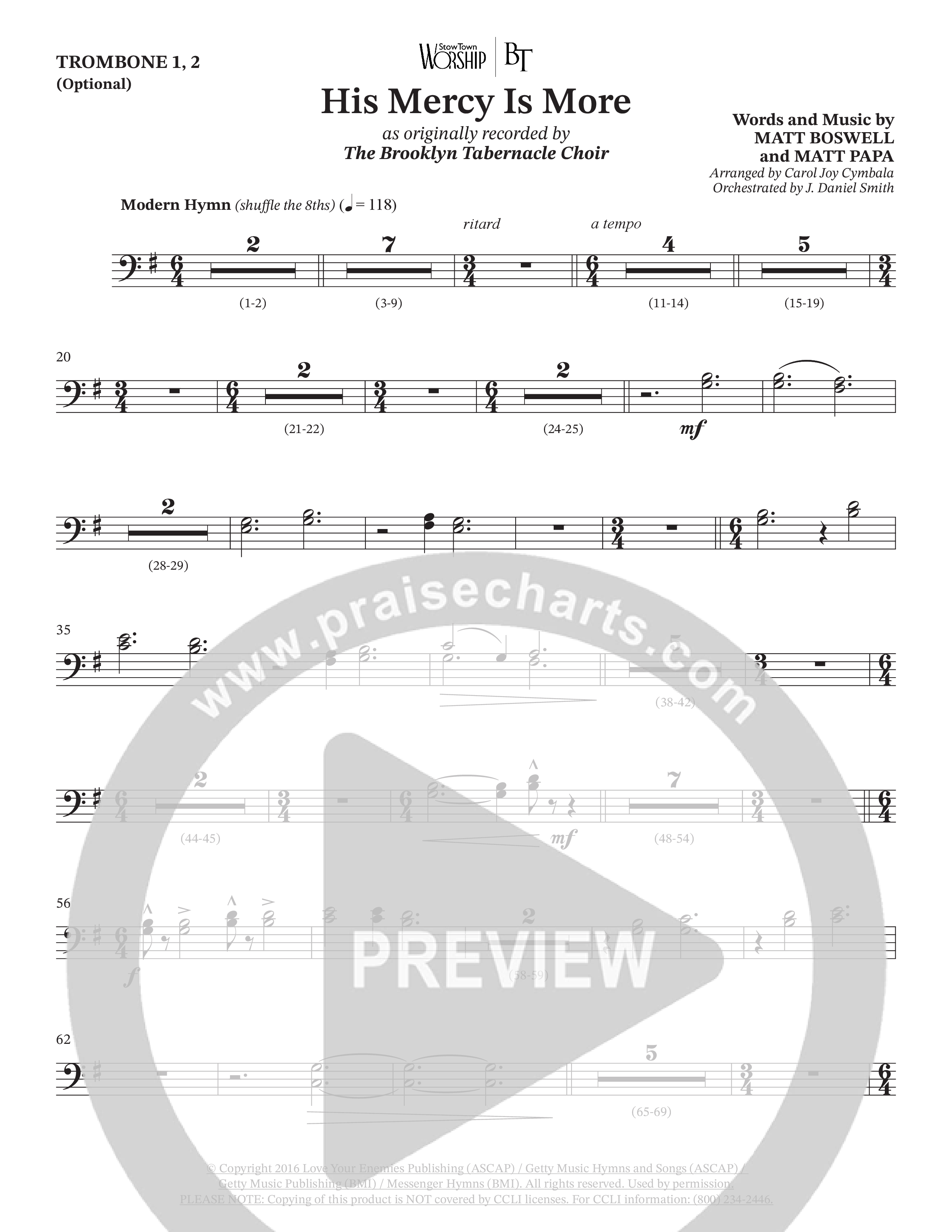 His Mercy Is More (Choral Anthem SATB) Trombone 1/2 (The Brooklyn Tabernacle Choir / Arr. Carol Cymbala / Orch. J. Daniel Smith)