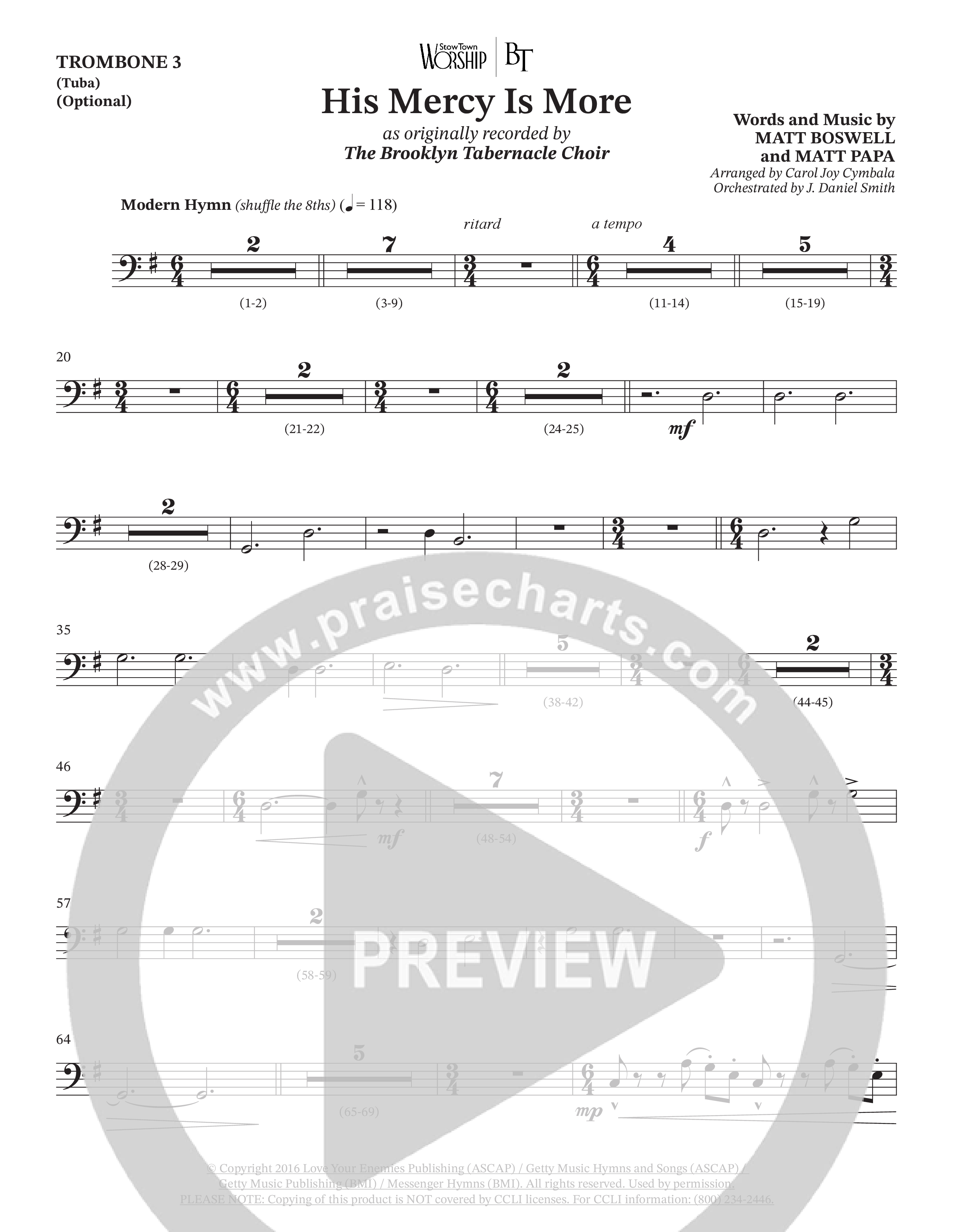 His Mercy Is More (Choral Anthem SATB) Trombone 3 (The Brooklyn Tabernacle Choir / Arr. Carol Cymbala / Orch. J. Daniel Smith)