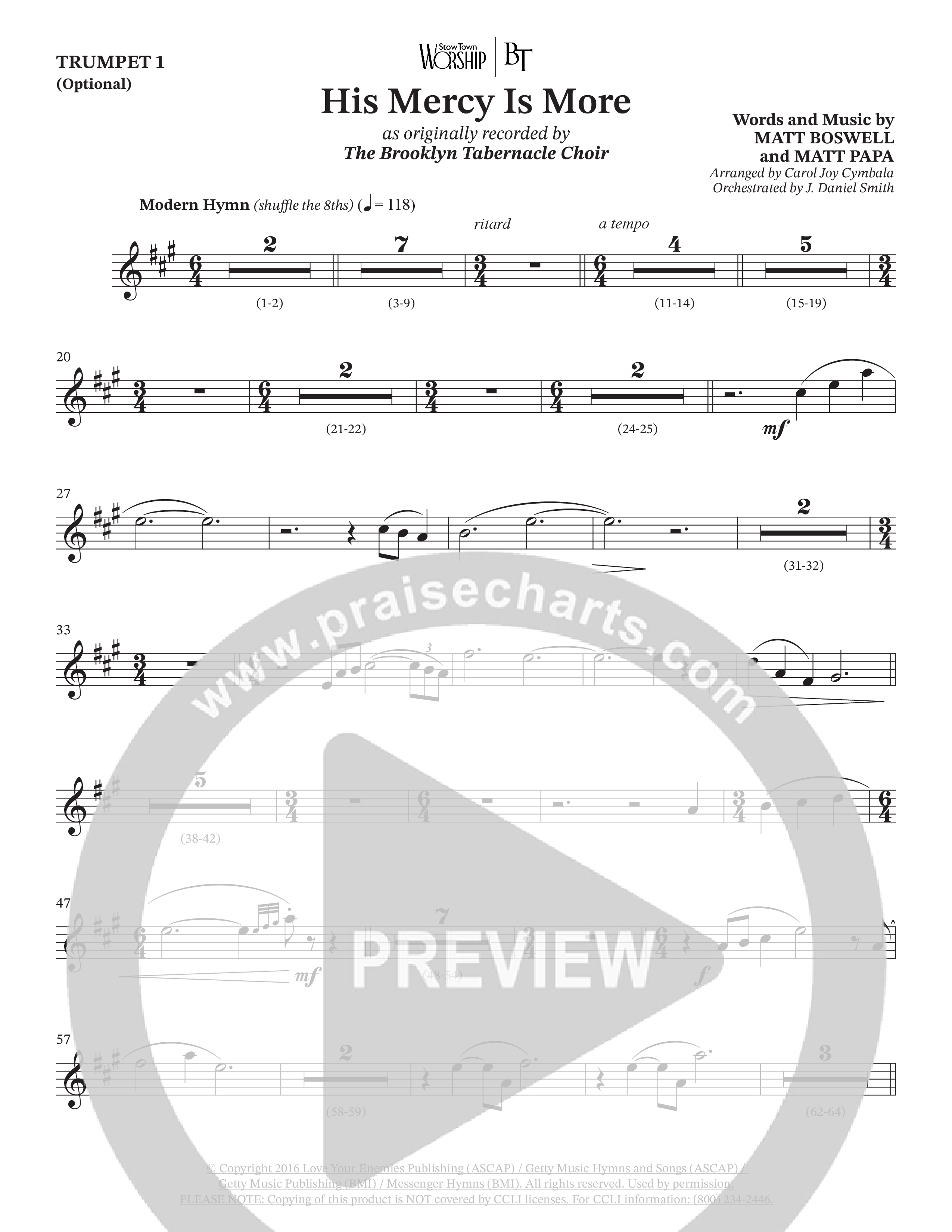 His Mercy Is More (Choral Anthem SATB) Trumpet 1 (The Brooklyn Tabernacle Choir / Arr. Carol Cymbala / Orch. J. Daniel Smith)