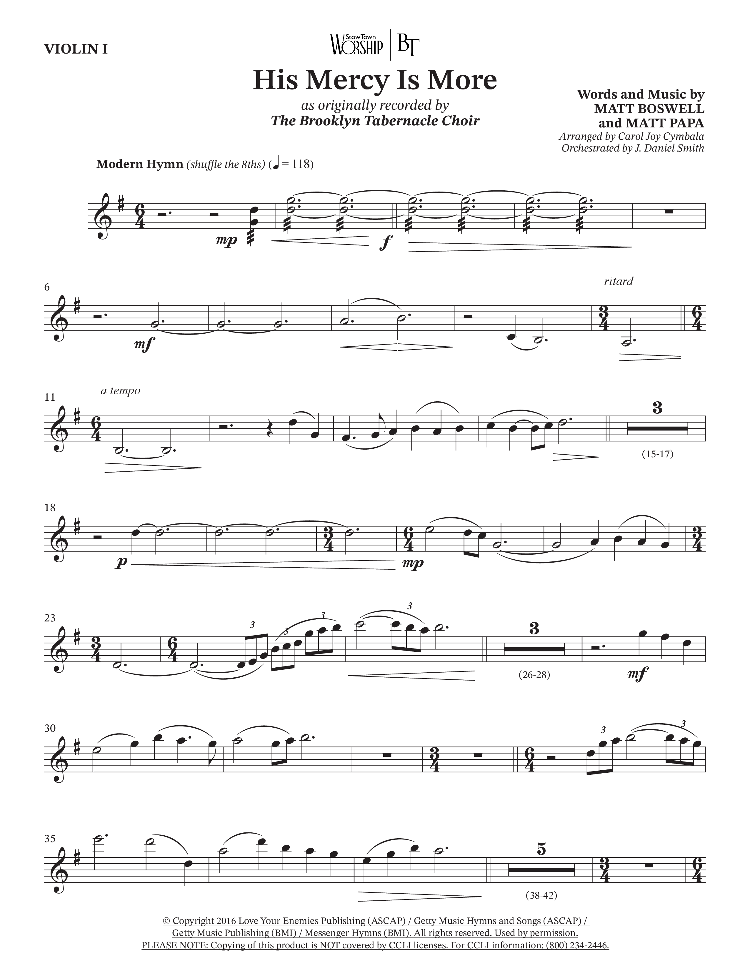 His Mercy Is More (Choral Anthem SATB) Violin 1 (The Brooklyn Tabernacle Choir / Arr. Carol Cymbala / Orch. J. Daniel Smith)