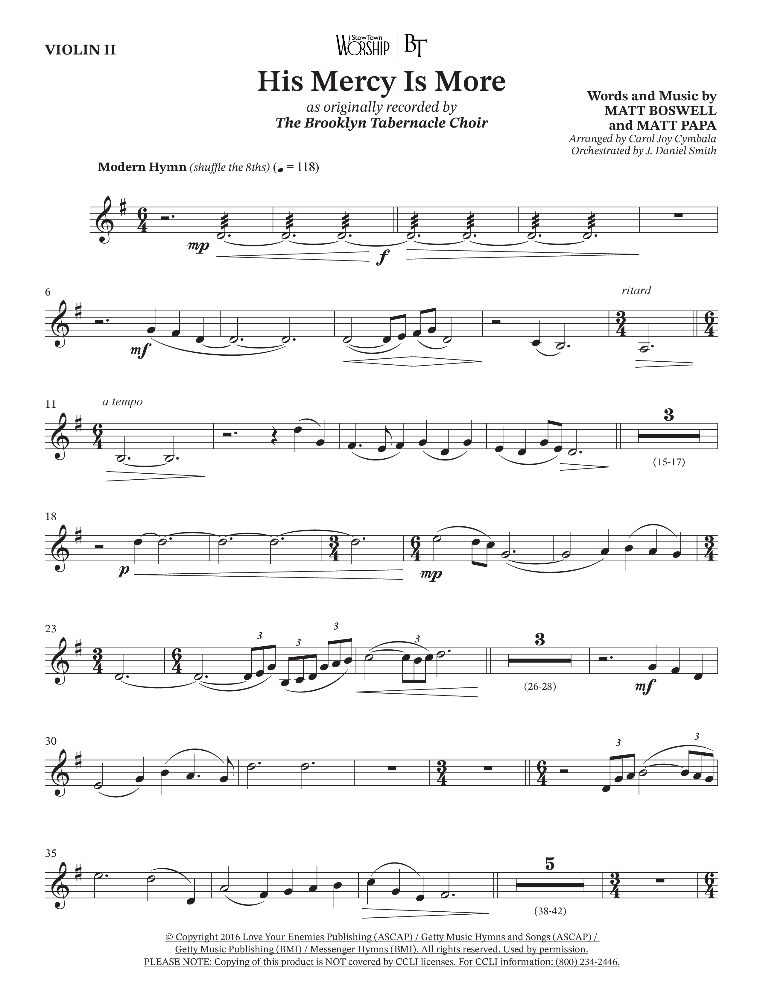 His Mercy Is More (Choral Anthem SATB) Violin 2 (The Brooklyn Tabernacle Choir / Arr. Carol Cymbala / Orch. J. Daniel Smith)