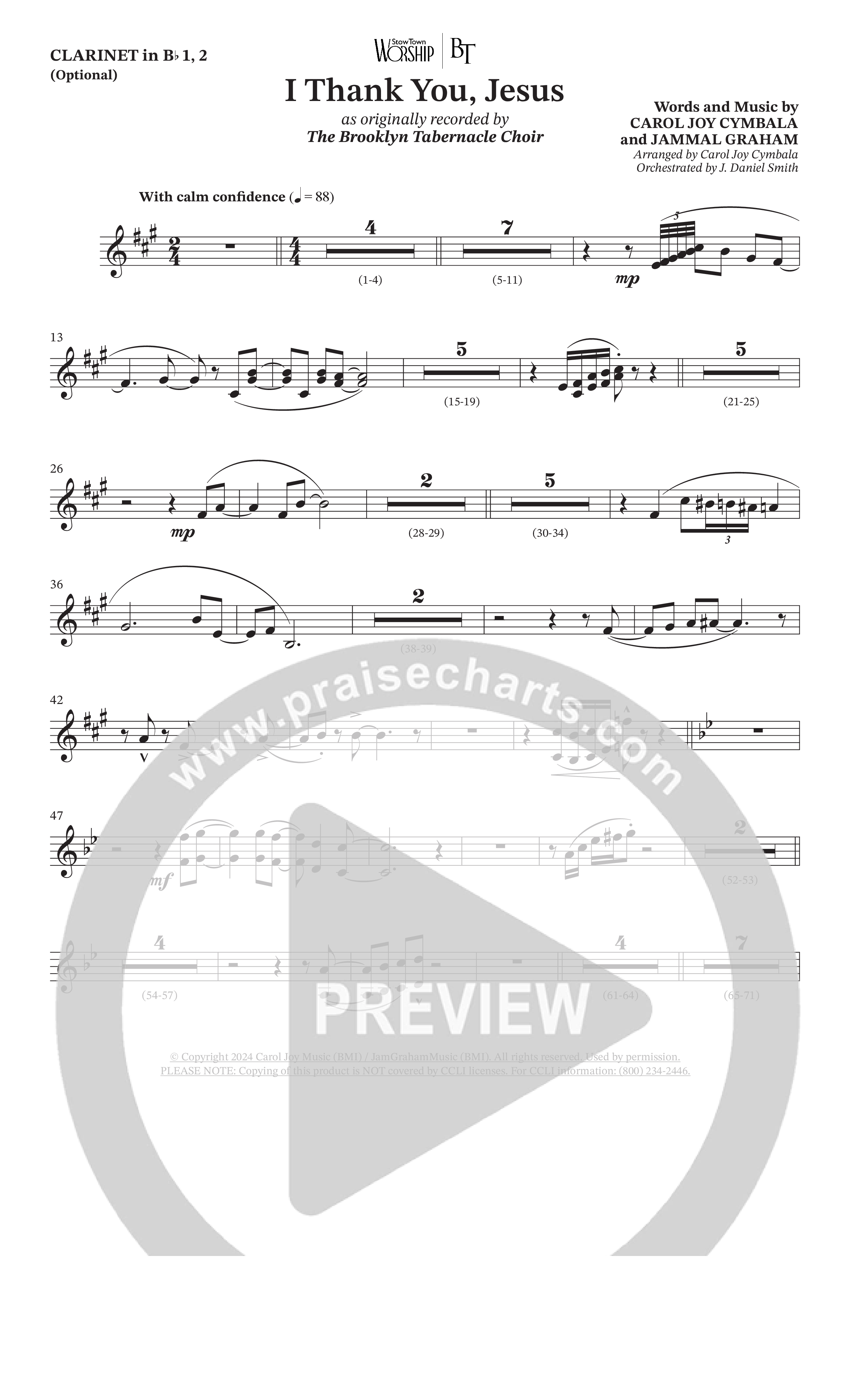 I Thank You Jesus (Choral Anthem SATB) Clarinet 1/2 (The Brooklyn Tabernacle Choir / Arr. Carol Cymbala / Orch. J. Daniel Smith)