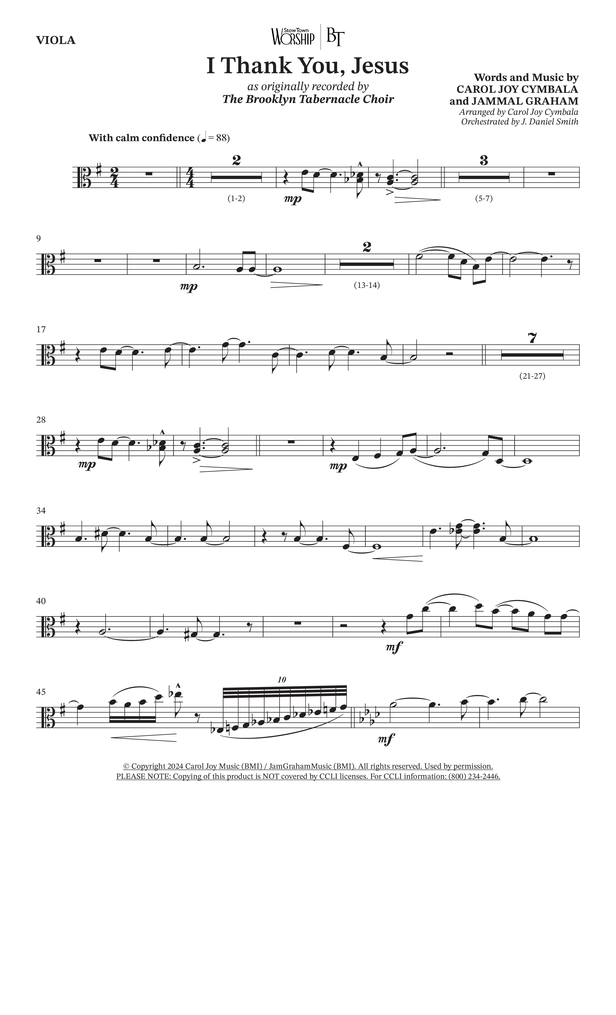 I Thank You Jesus (Choral Anthem SATB) Viola (The Brooklyn Tabernacle Choir / Arr. Carol Cymbala / Orch. J. Daniel Smith)