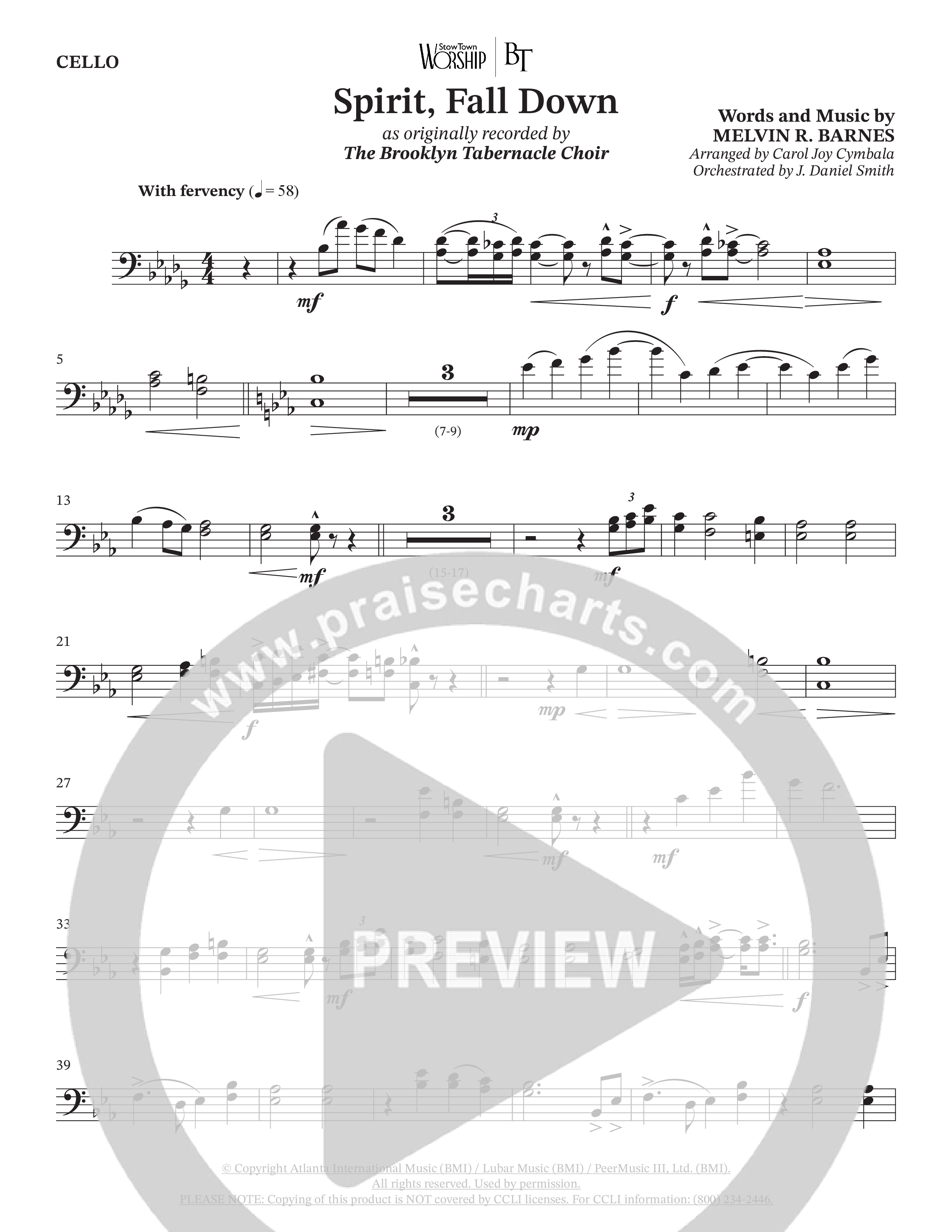 Spirit Fall Down (Choral Anthem SATB) Cello (The Brooklyn Tabernacle Choir / Arr. Carol Cymbala / Orch. J. Daniel Smith)