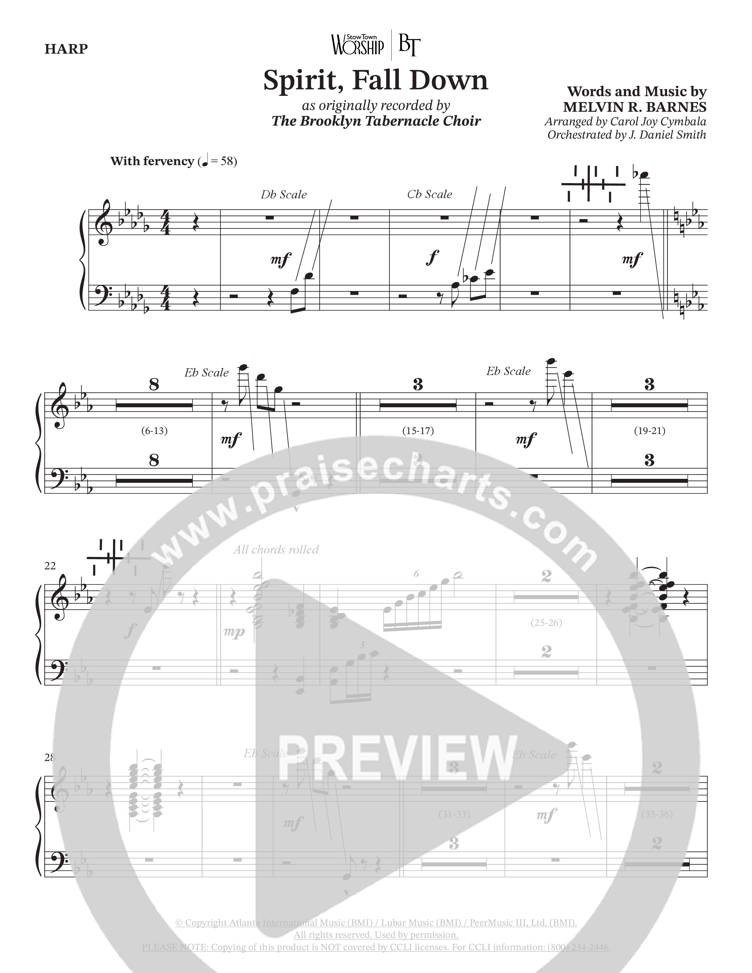 Spirit Fall Down (Choral Anthem SATB) Harp (The Brooklyn Tabernacle Choir / Arr. Carol Cymbala / Orch. J. Daniel Smith)