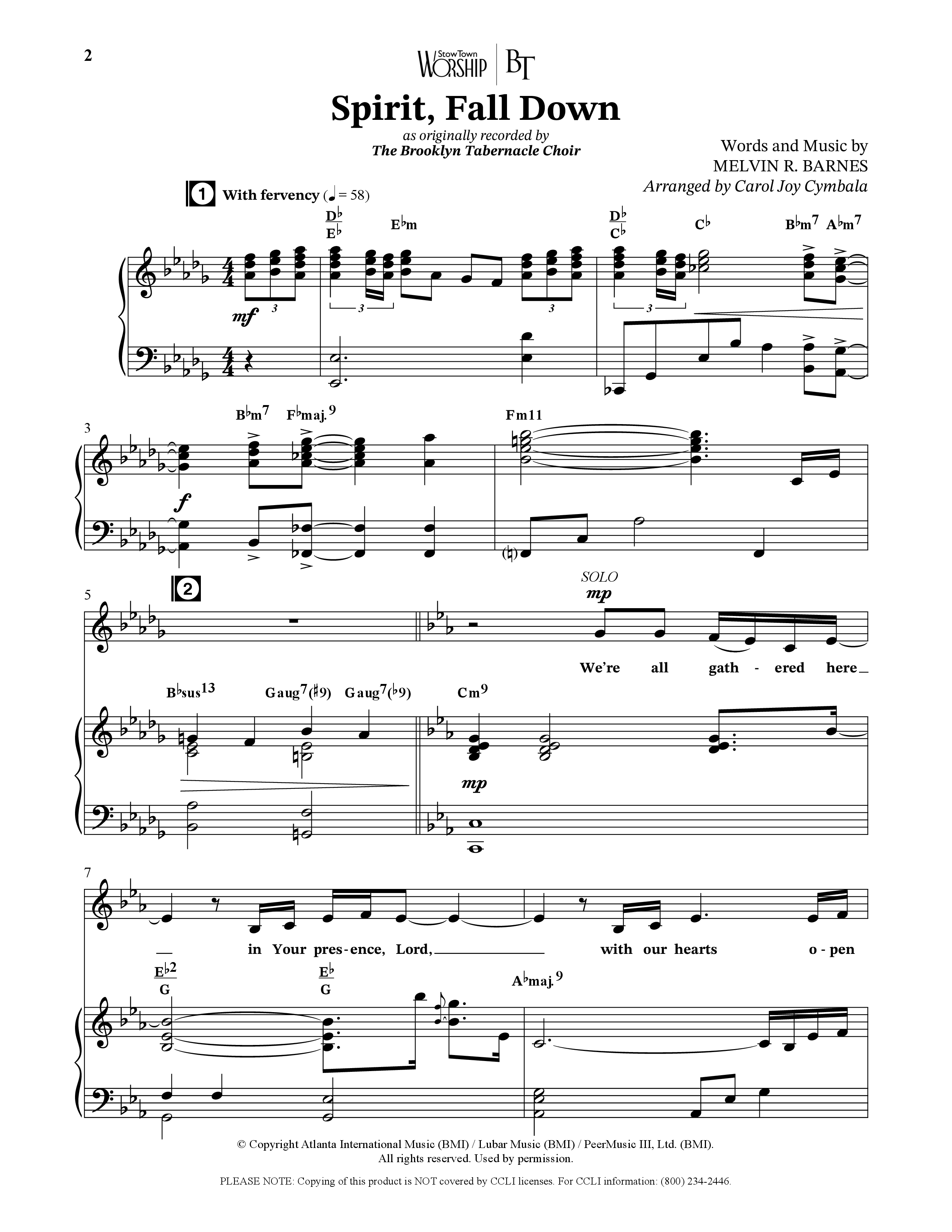 Spirit Fall Down (Choral Anthem SATB) Octavo (SATB & Pno) (The Brooklyn Tabernacle Choir / Arr. Carol Cymbala / Orch. J. Daniel Smith)
