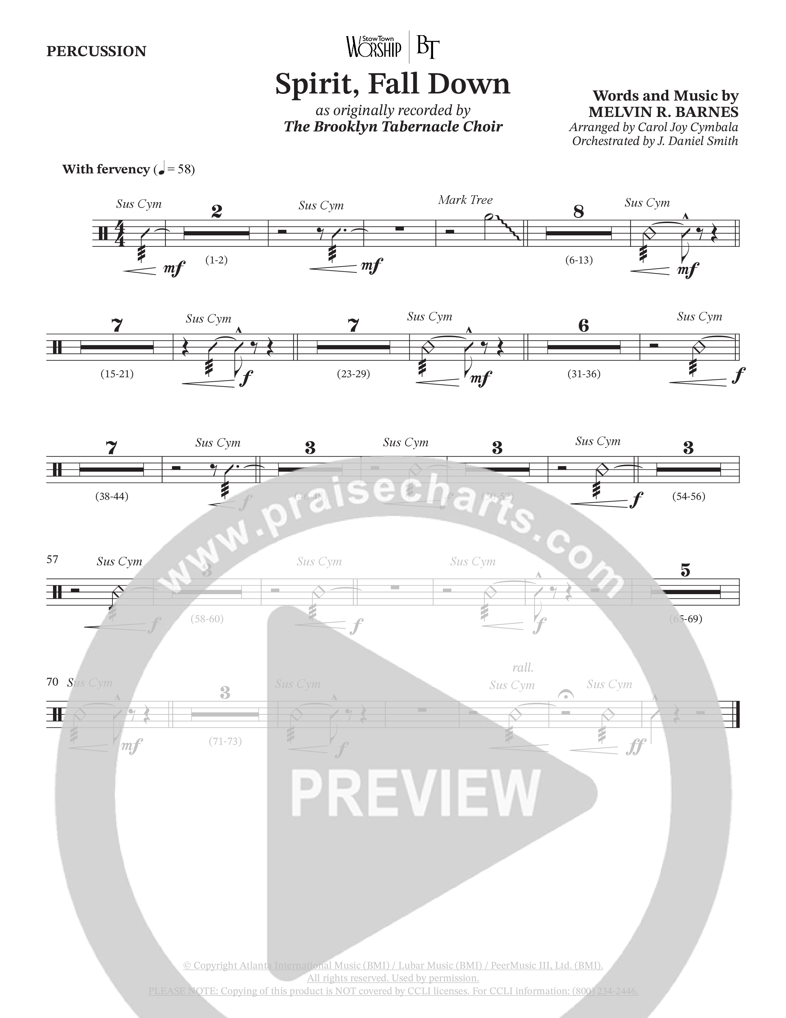 Spirit Fall Down (Choral Anthem SATB) Percussion (The Brooklyn Tabernacle Choir / Arr. Carol Cymbala / Orch. J. Daniel Smith)